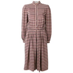 1970s Ted Lapidus Red and Dove-Grey Striped Silk Dress