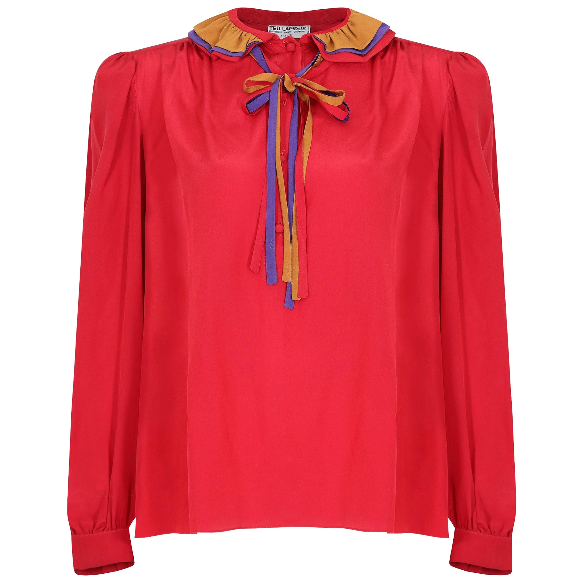 Pre-owned Ted Lapidus 1970s Silk Red Blouse With Ruffle Collar
