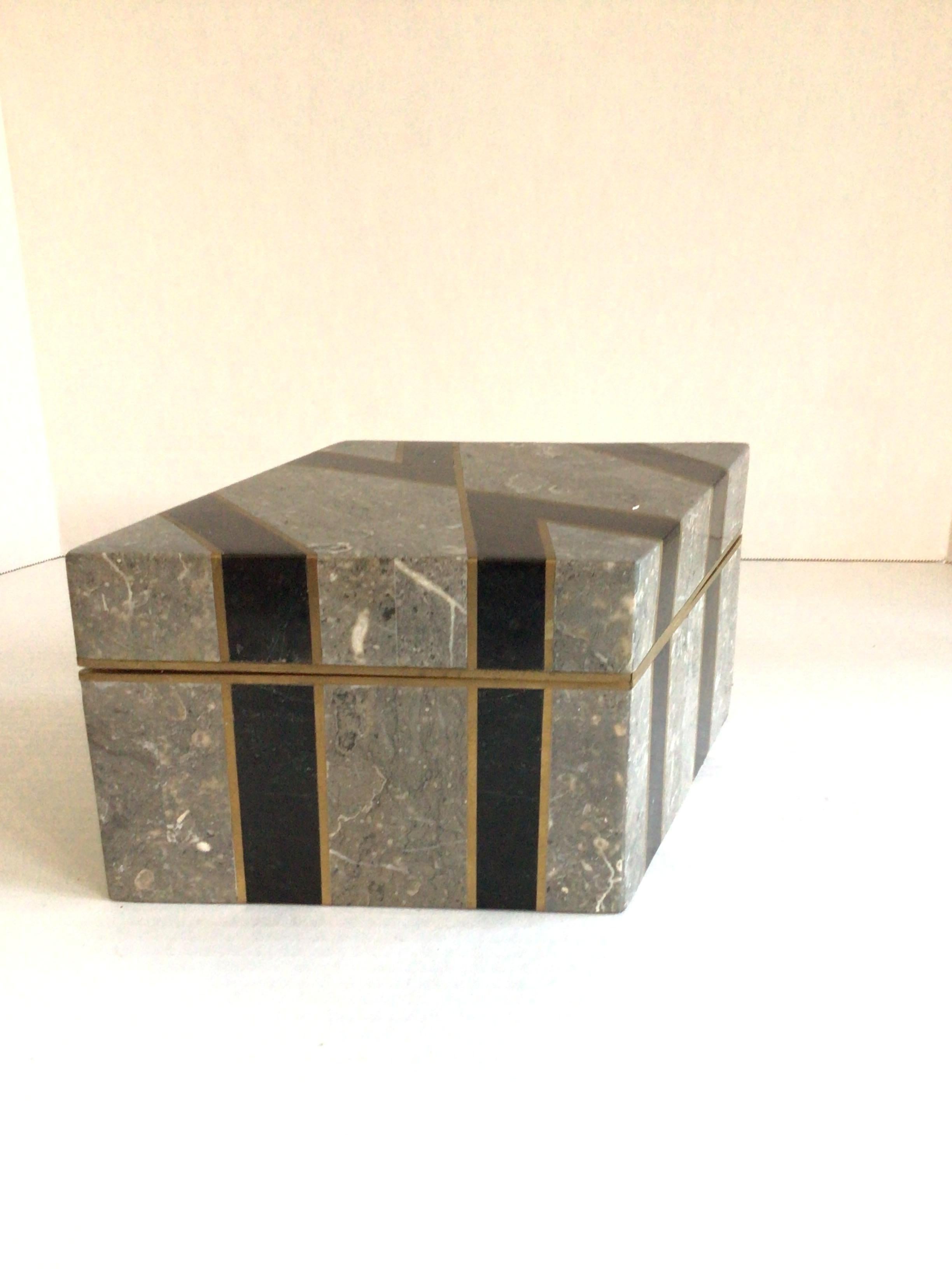 Hand-Crafted 1970s Tessellated Stone Diamond Shaped Box with Inlayed Brass Accents For Sale