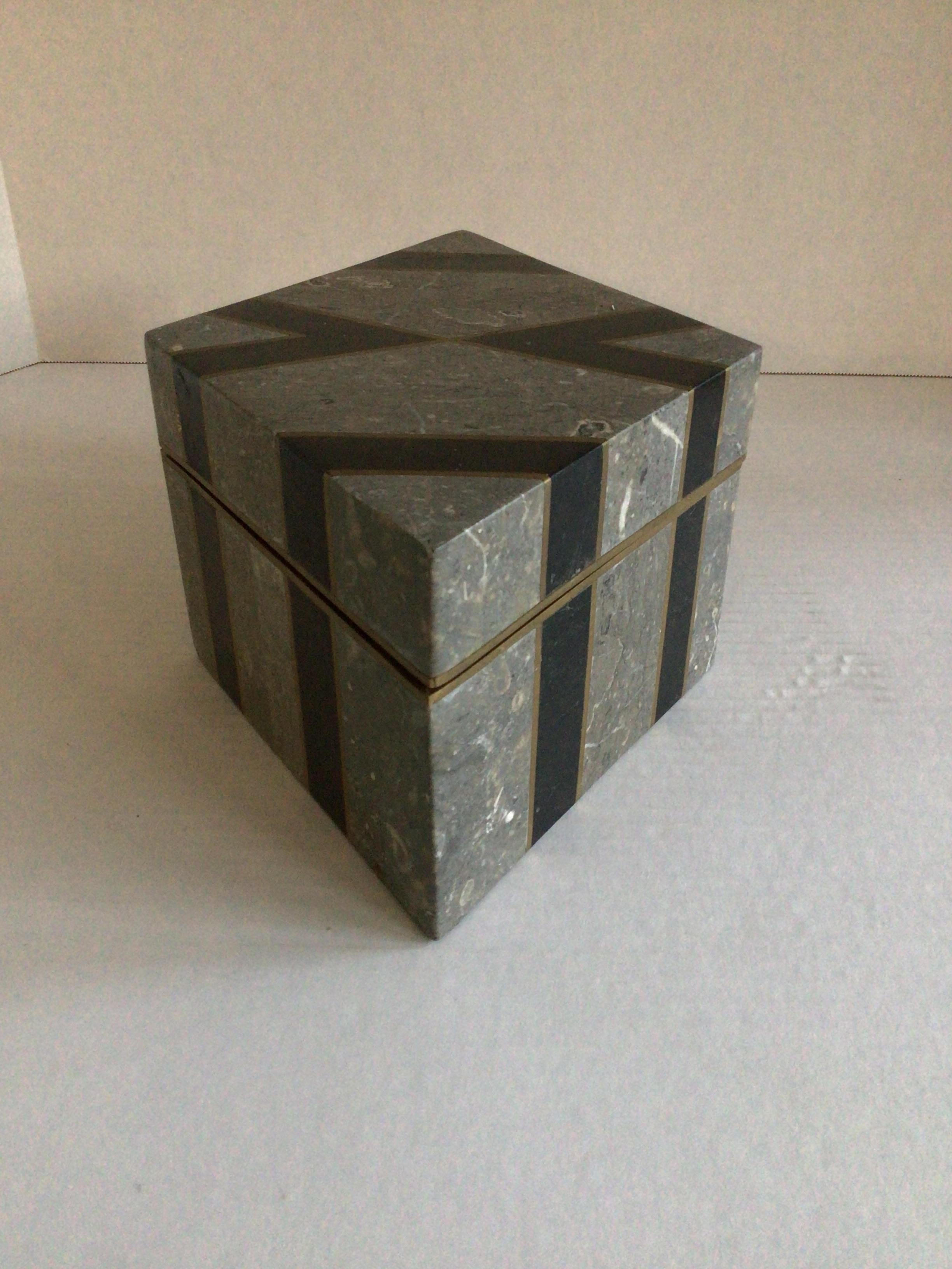 1970s Tessellated Stone Diamond Shaped Box with Inlayed Brass Accents In Good Condition For Sale In Tarrytown, NY