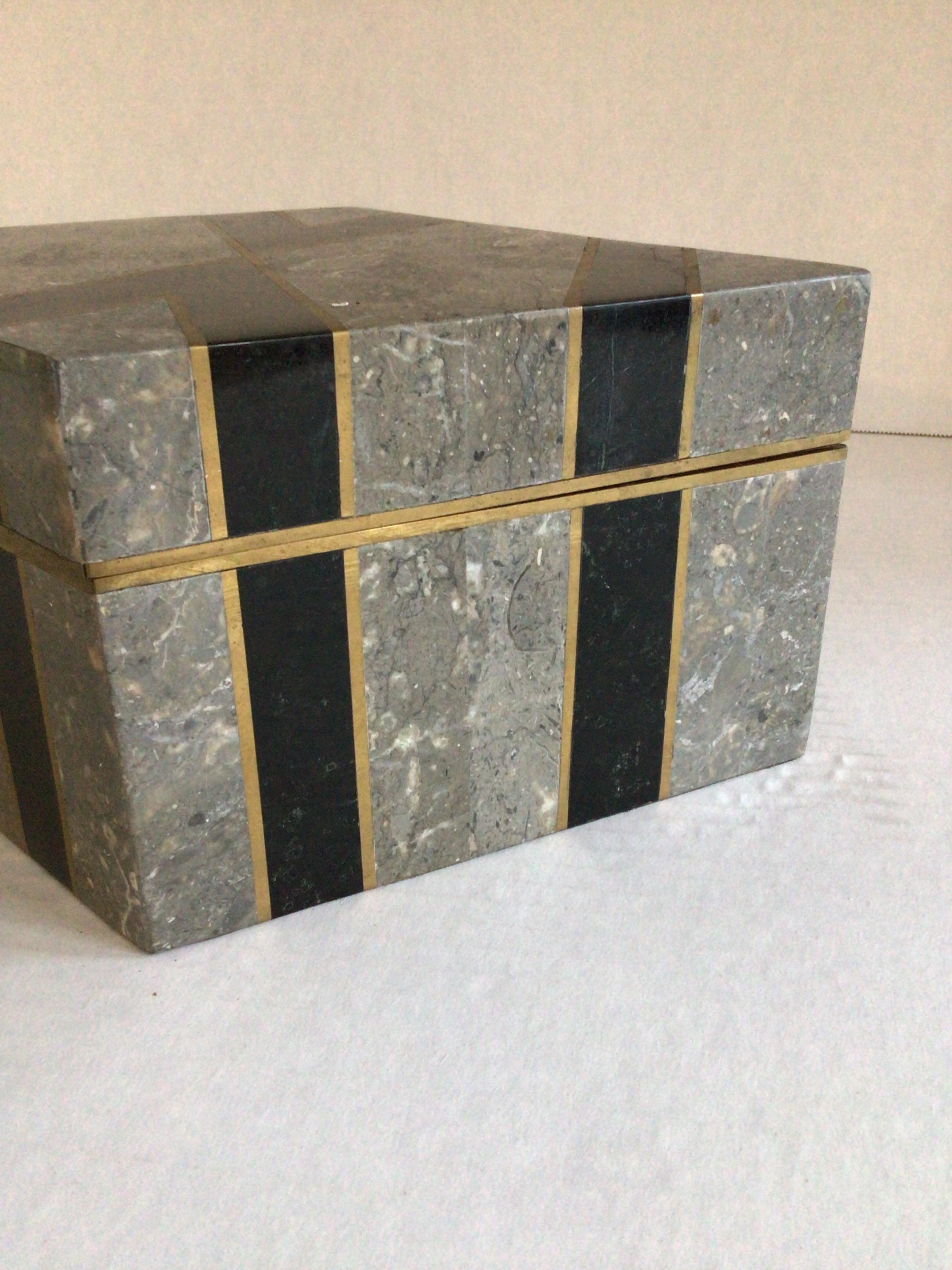 Late 20th Century 1970s Tessellated Stone Diamond Shaped Box with Inlayed Brass Accents For Sale