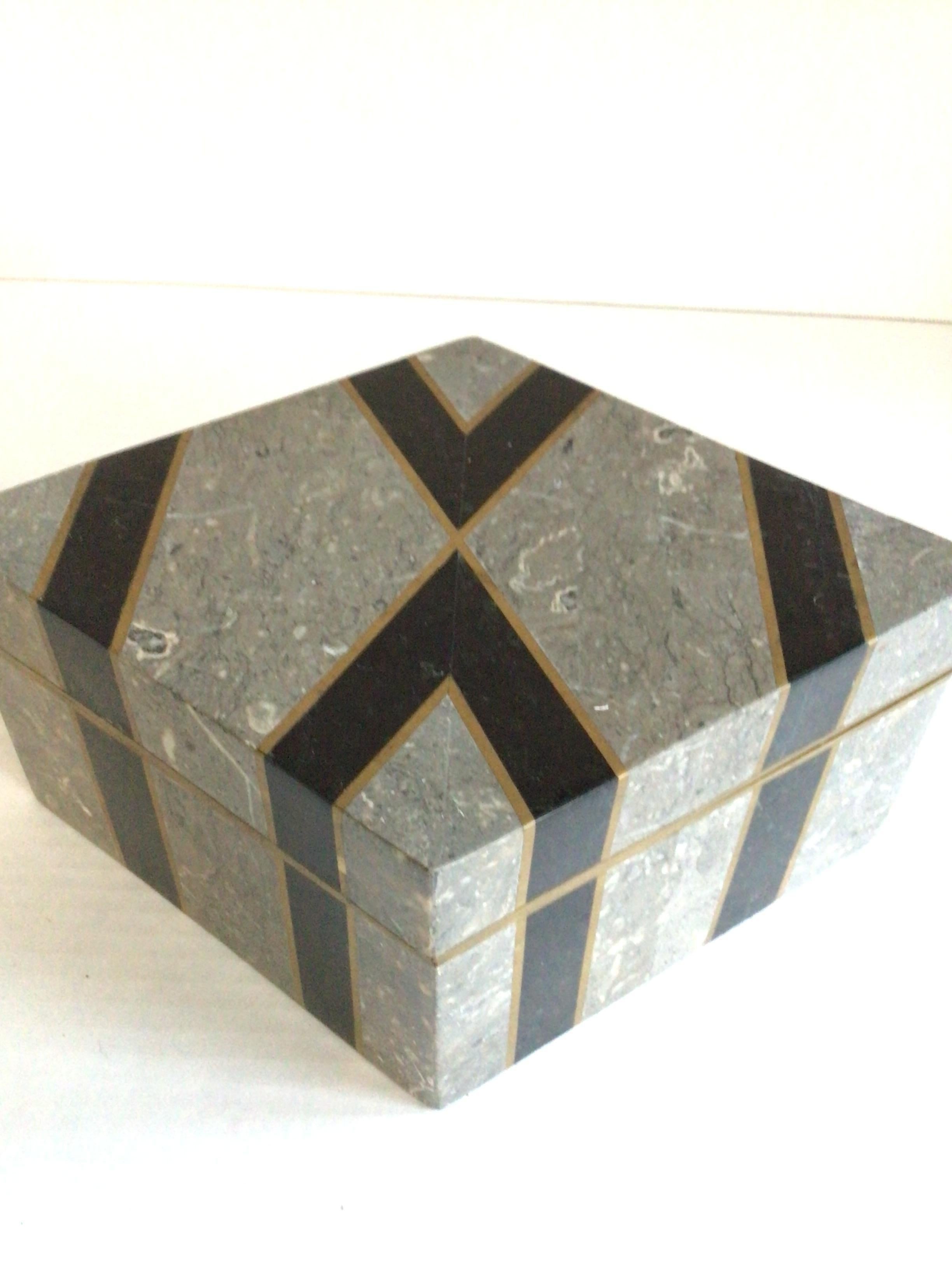1970s Tessellated Stone Diamond Shaped Box with Inlayed Brass Accents For Sale 1