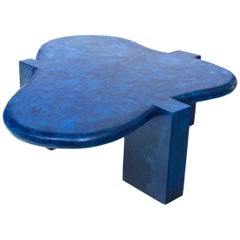 Vintage 1970s Tessellated Style Biomorphic Blue Wood Coffee Table