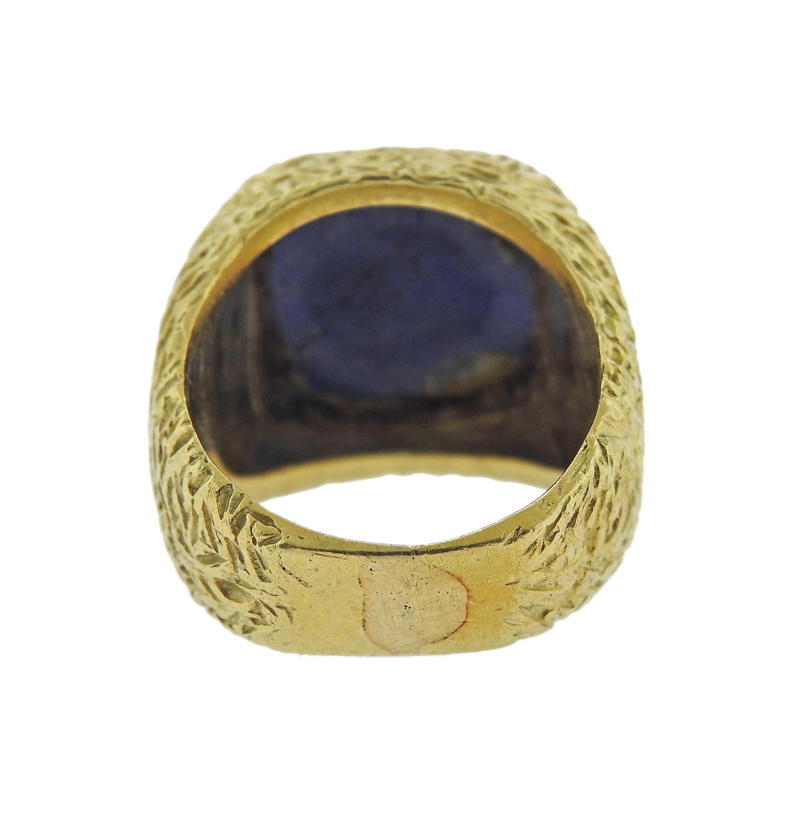 Square Cut 1970s Textured Gold Lapis Lazuli Ring
