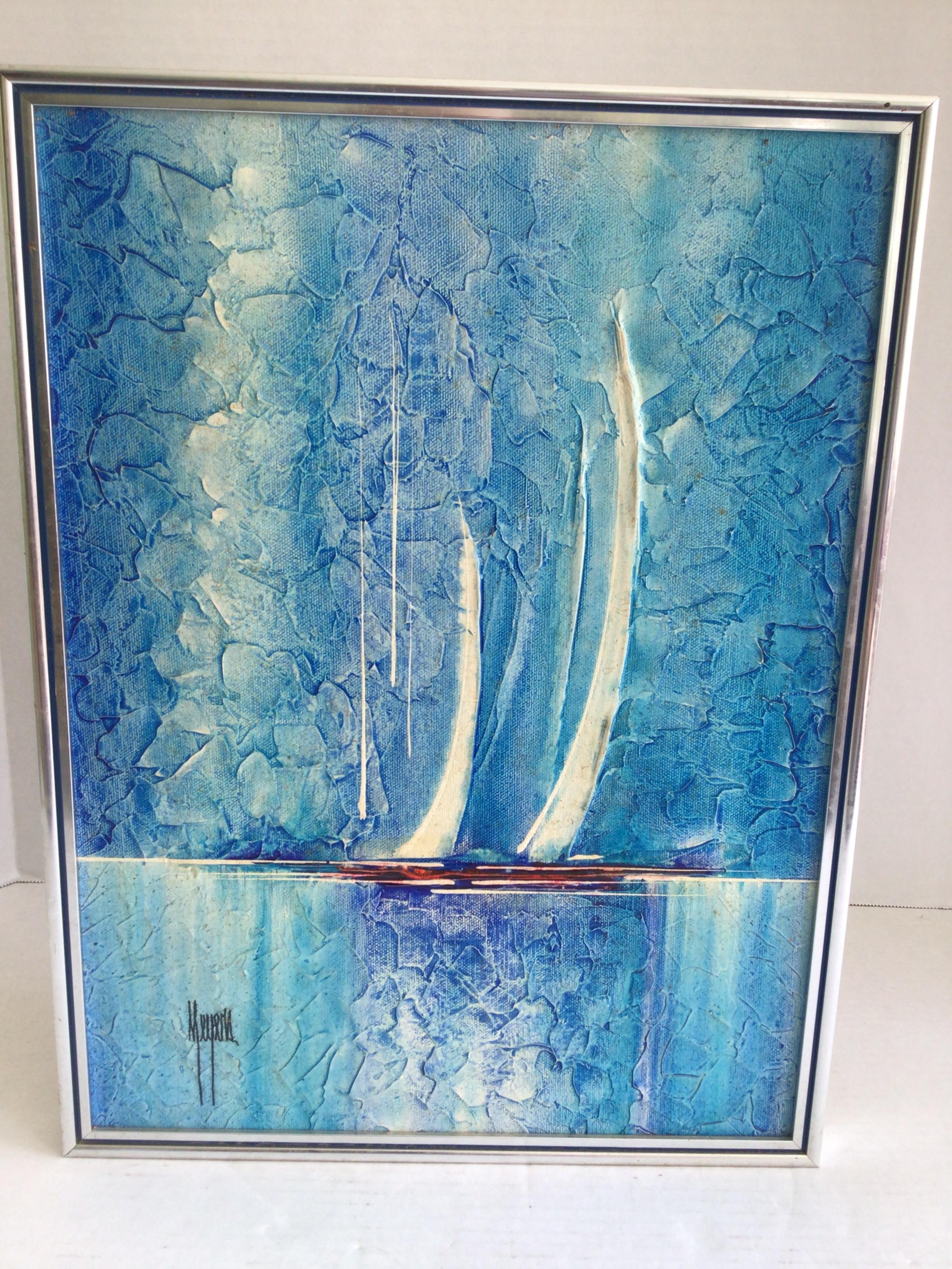 1970s Textured Oil Painting on Board of Sail Boats
Signed in corner 
Frame is metal with blue painted accent in metal of frame