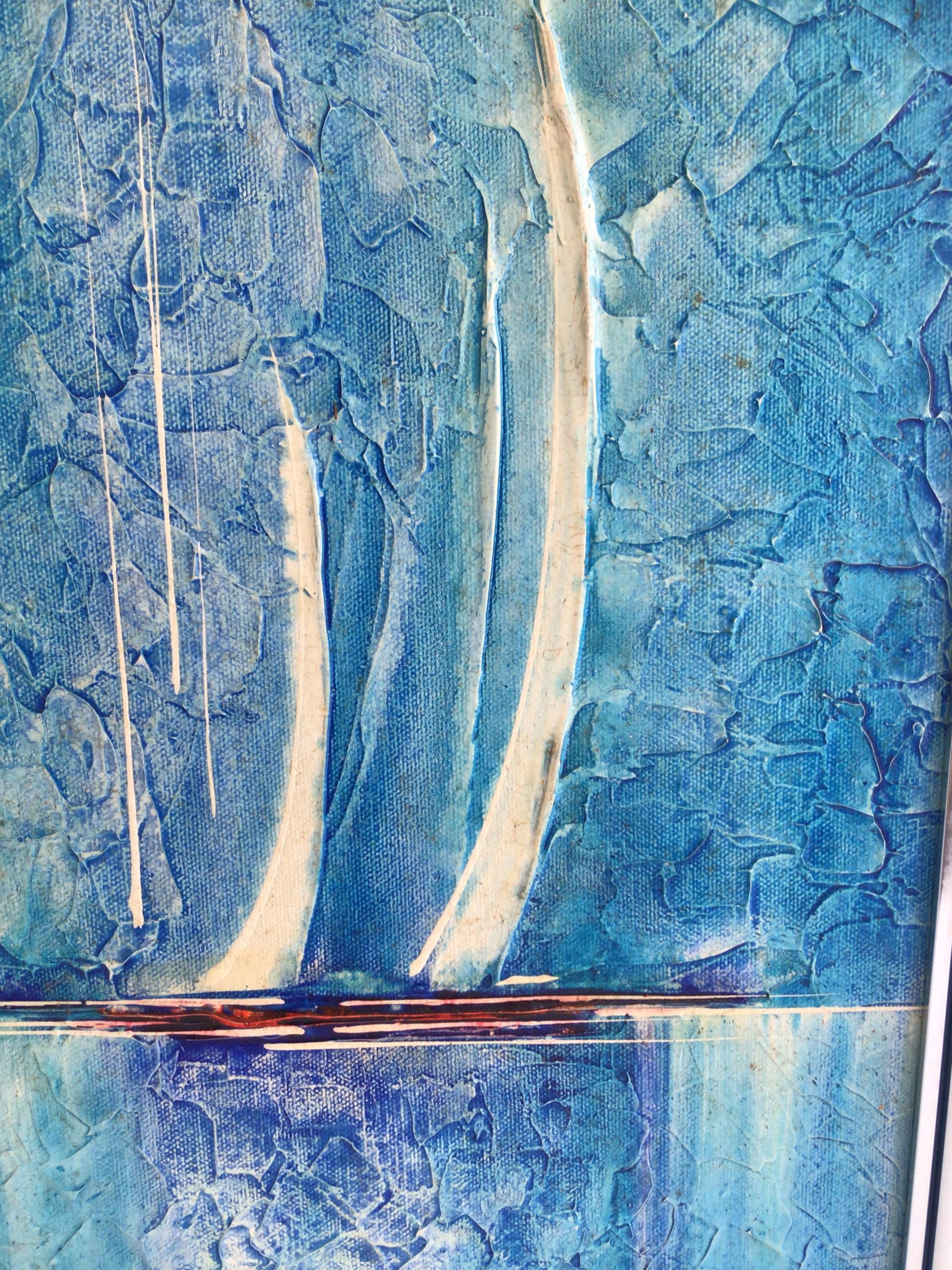 Hand-Painted 1970s Textured Oil Painting on Board of Sail Boats For Sale