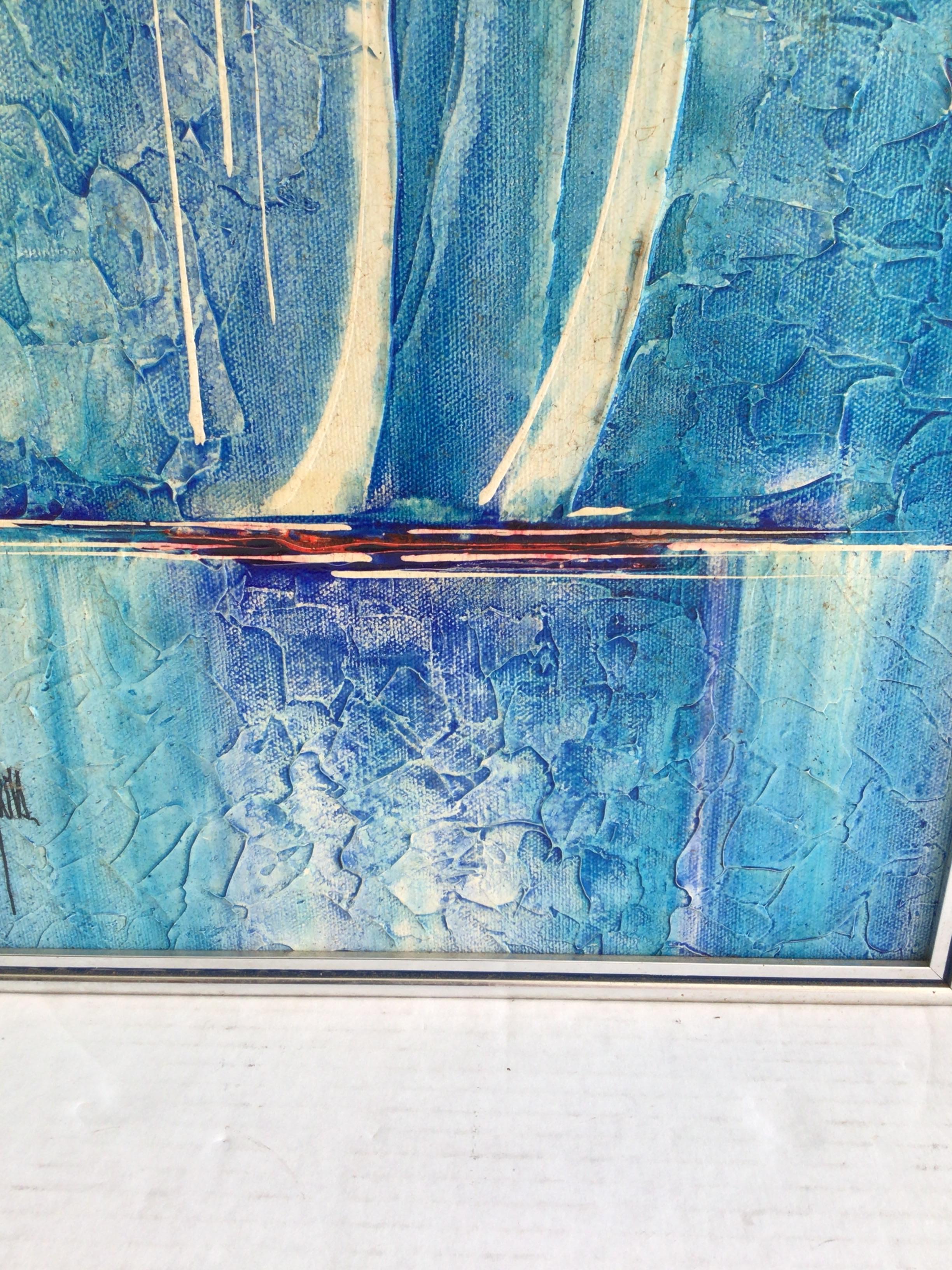 1970s Textured Oil Painting on Board of Sail Boats In Good Condition For Sale In Tarrytown, NY
