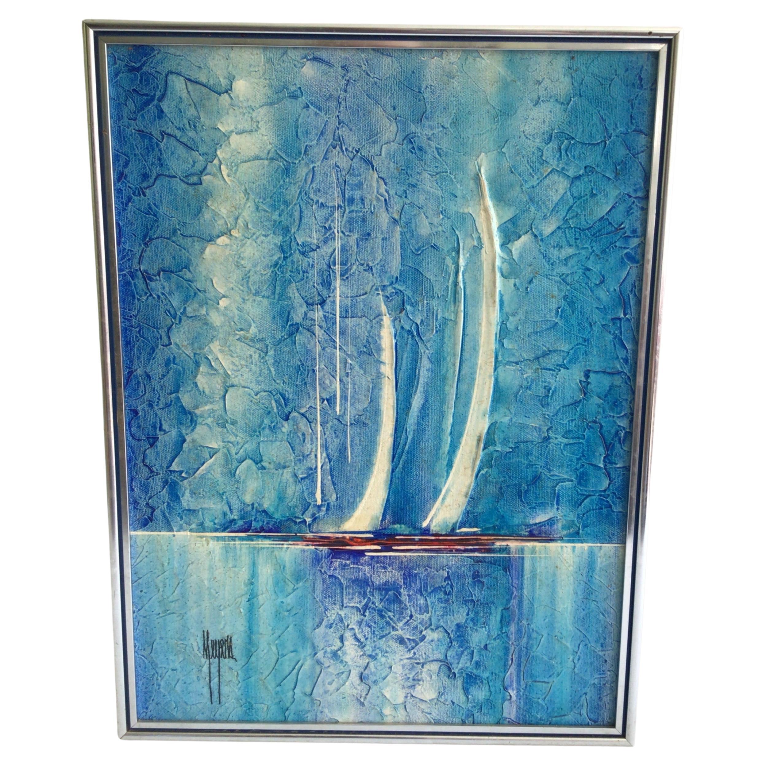 Pittura a olio su tavola con texture degli anni '70 raffigurante delle barche a vela