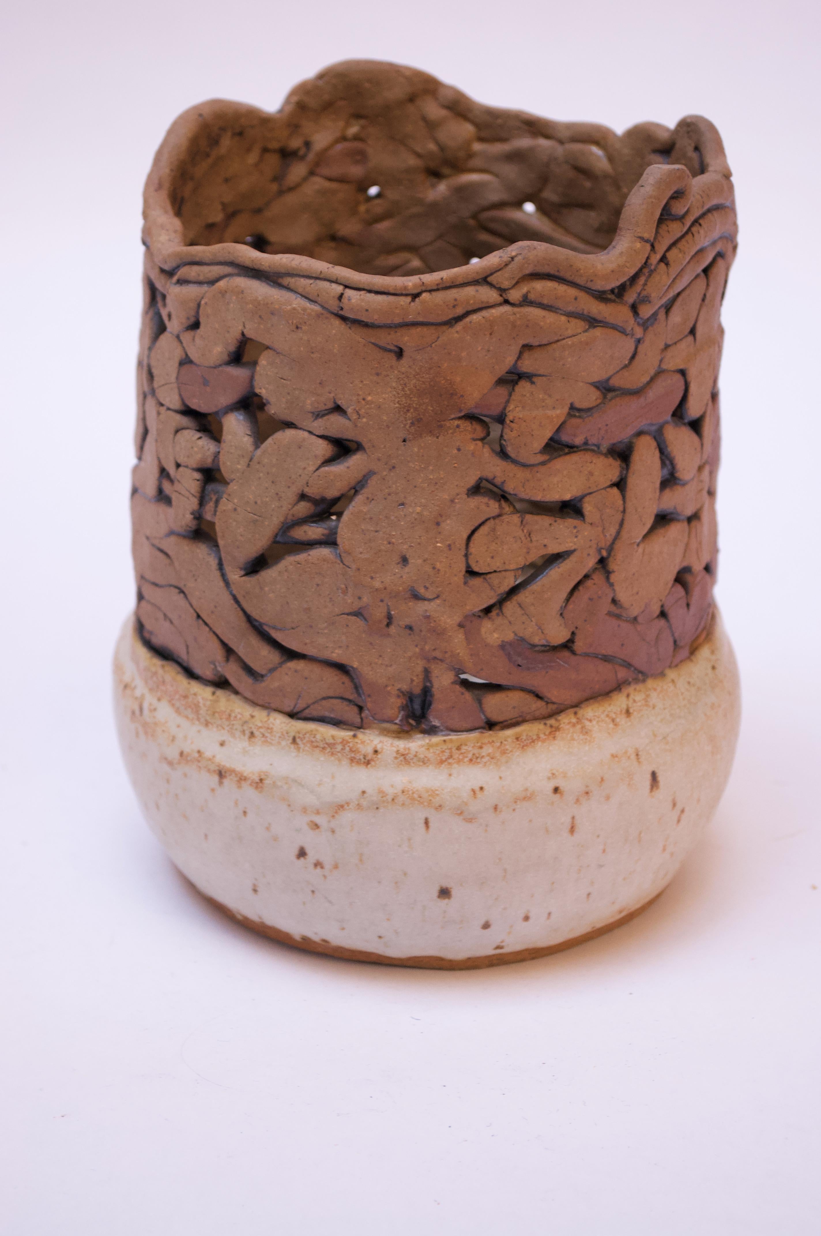 1970s Textured Stoneware Vase Signed In Good Condition For Sale In Brooklyn, NY