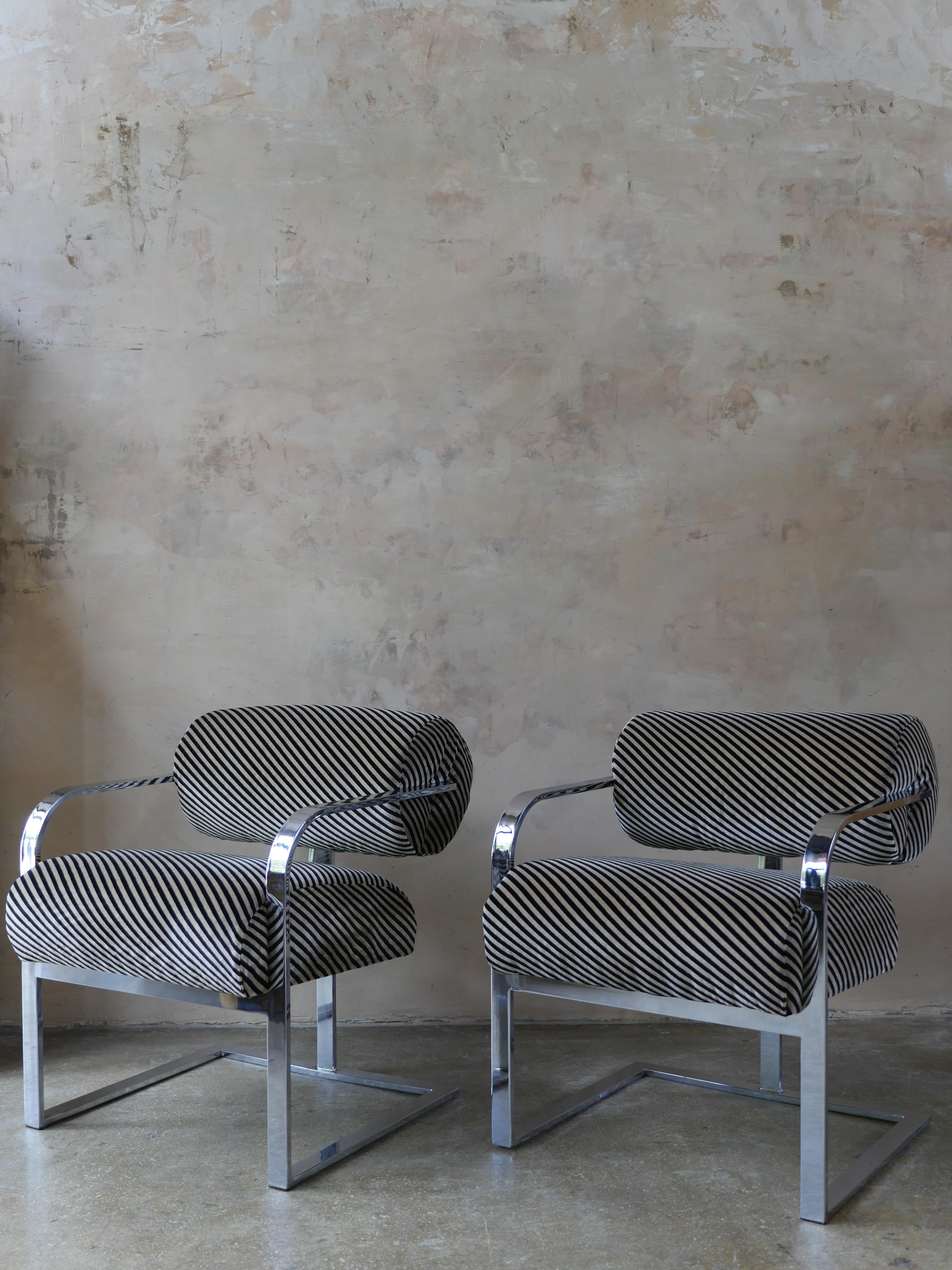 Stainless Steel 1970s Thayer Coggin Postmodern Chairs with Kelly Wearstler's Velvet Fabric