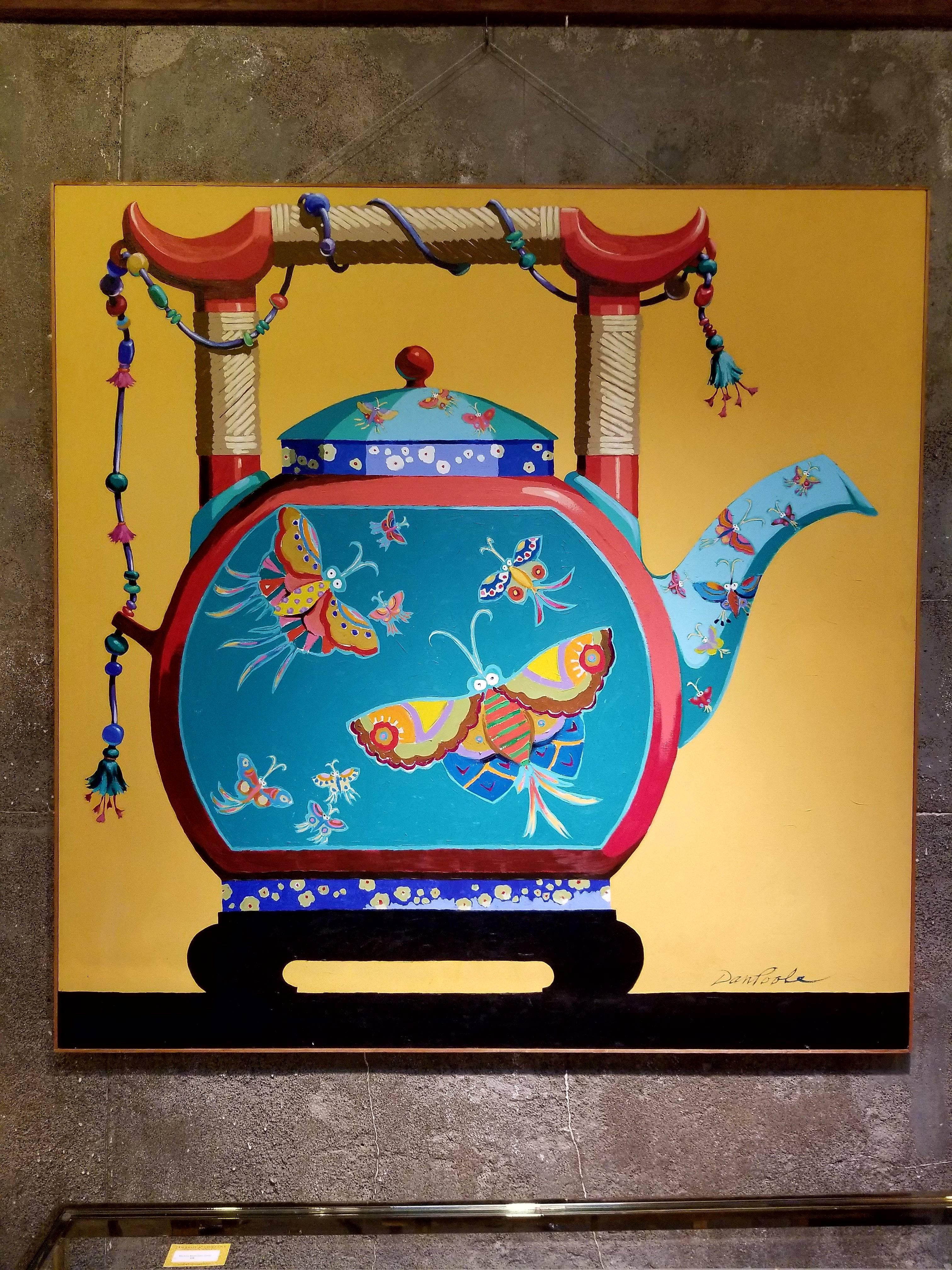 Large-scale acrylic on canvas painting of an Asian style teapot. Signed lower right 