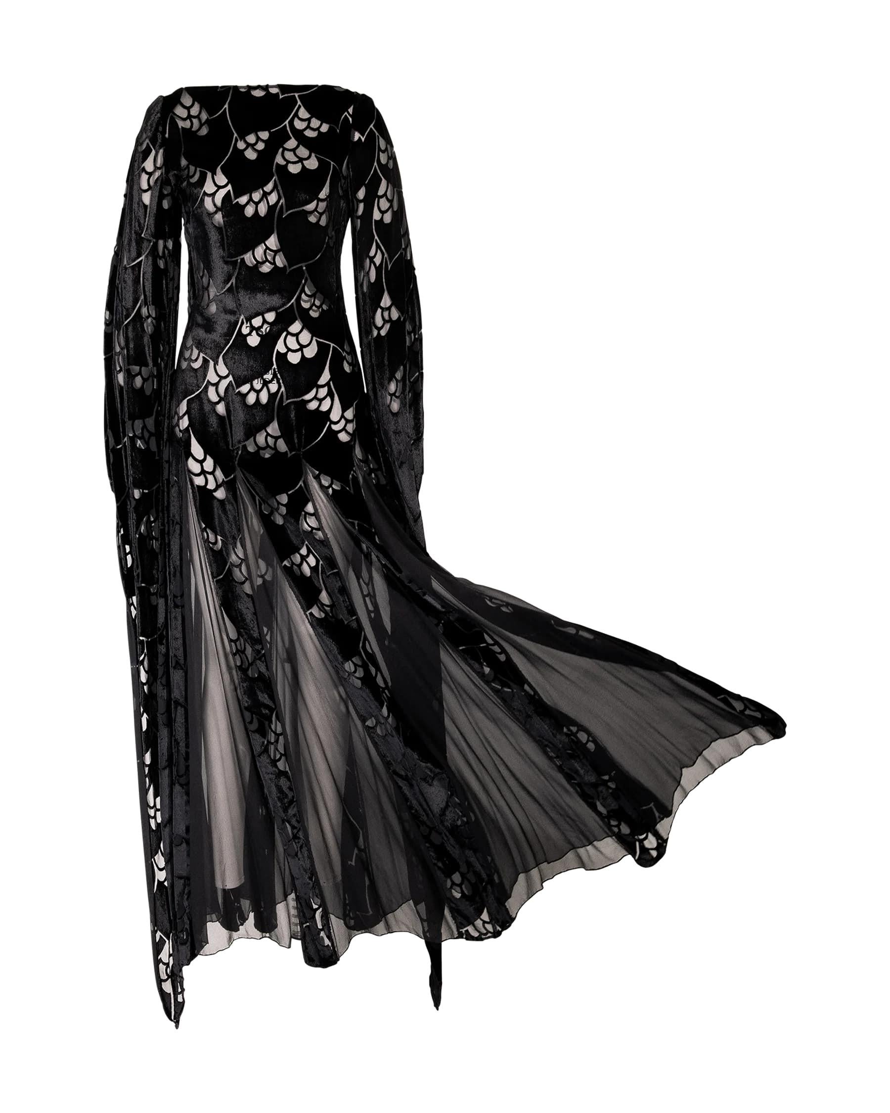 1970's Thea Porter Black Velvet and Chiffon Gown 1