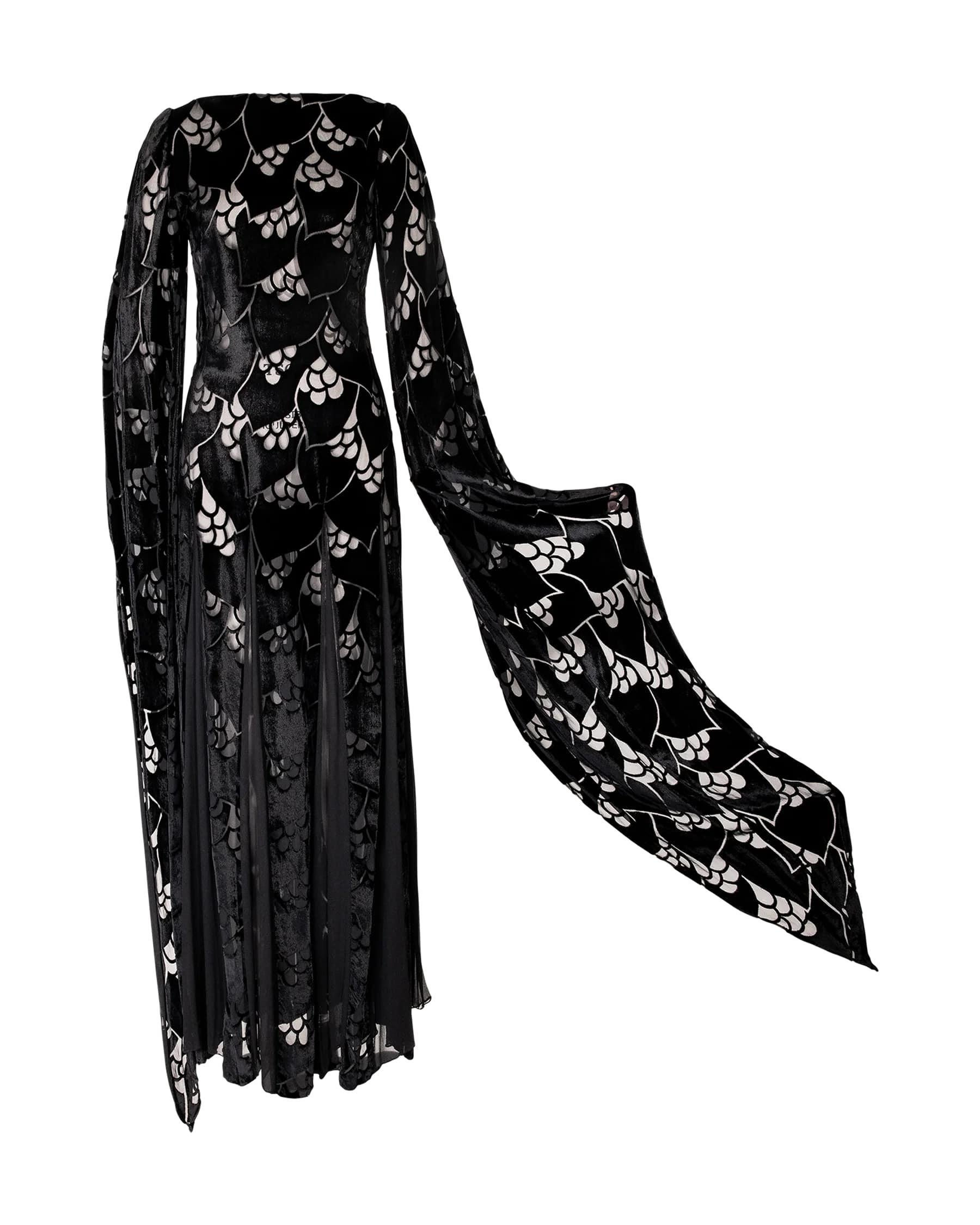 1970's Thea Porter Black Velvet and Chiffon Gown 2