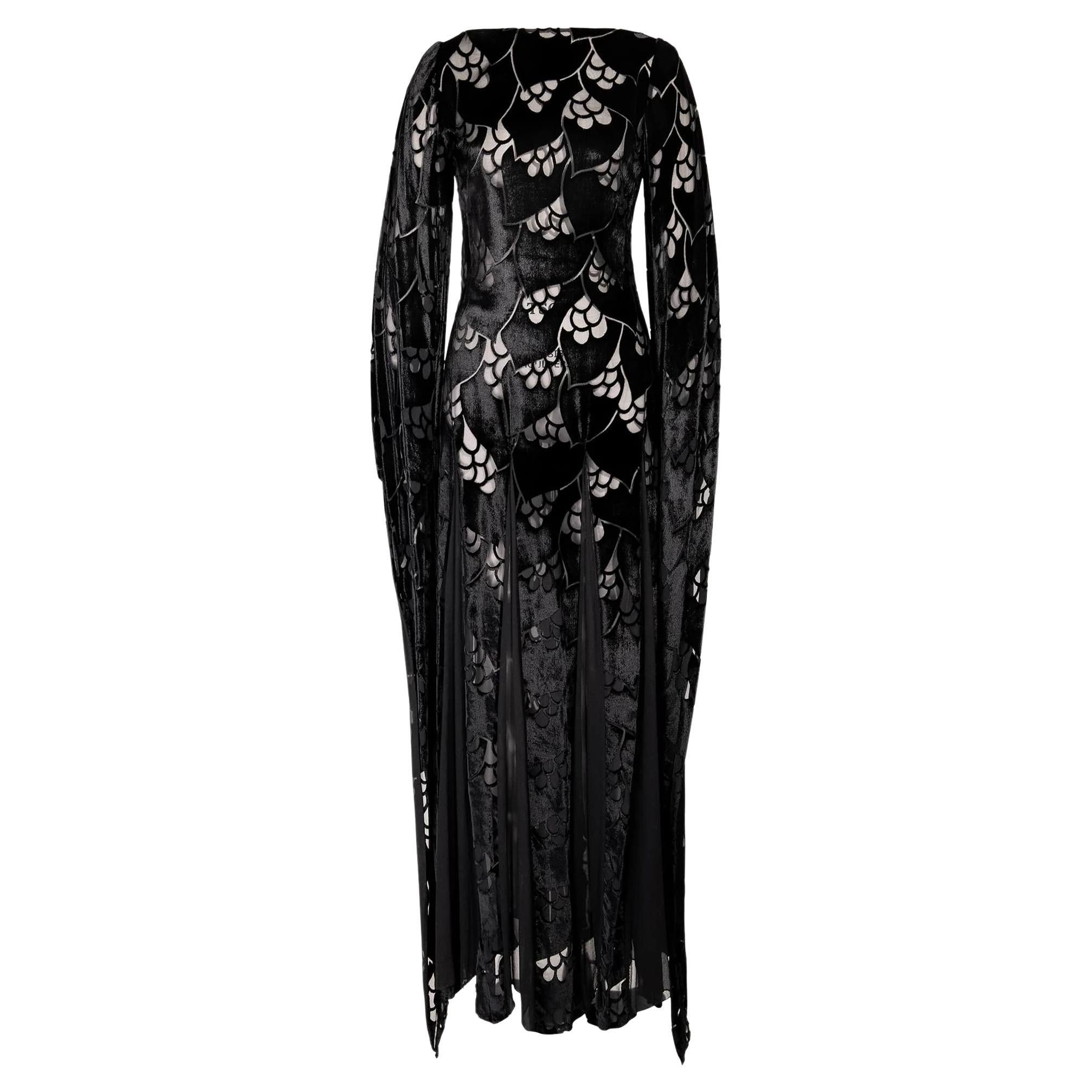 1970's Thea Porter Black Velvet and Chiffon Gown