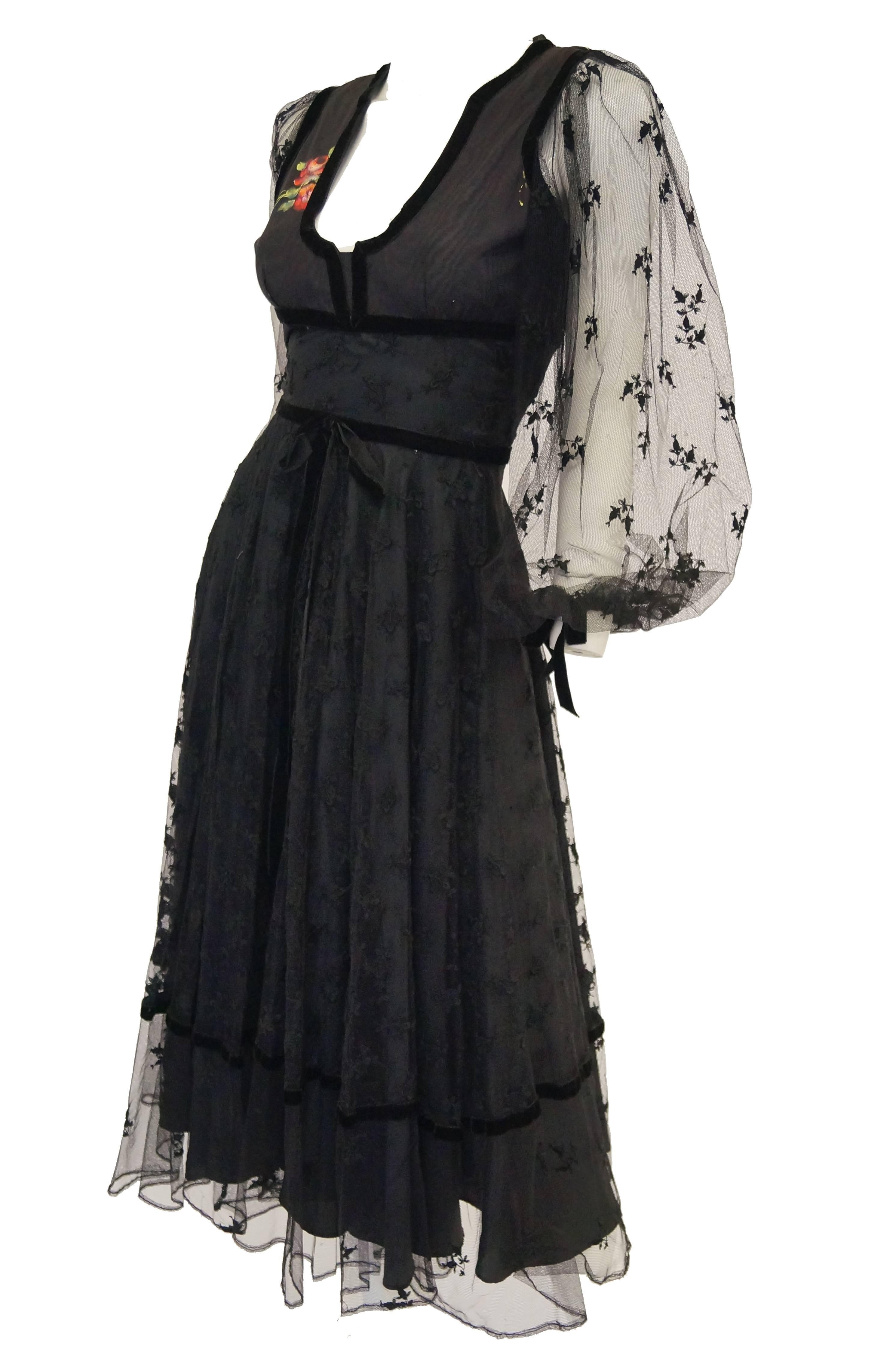 Women's 1970s Thea Porter Couture Black Lace Dress w/ Hand Painted Flowers