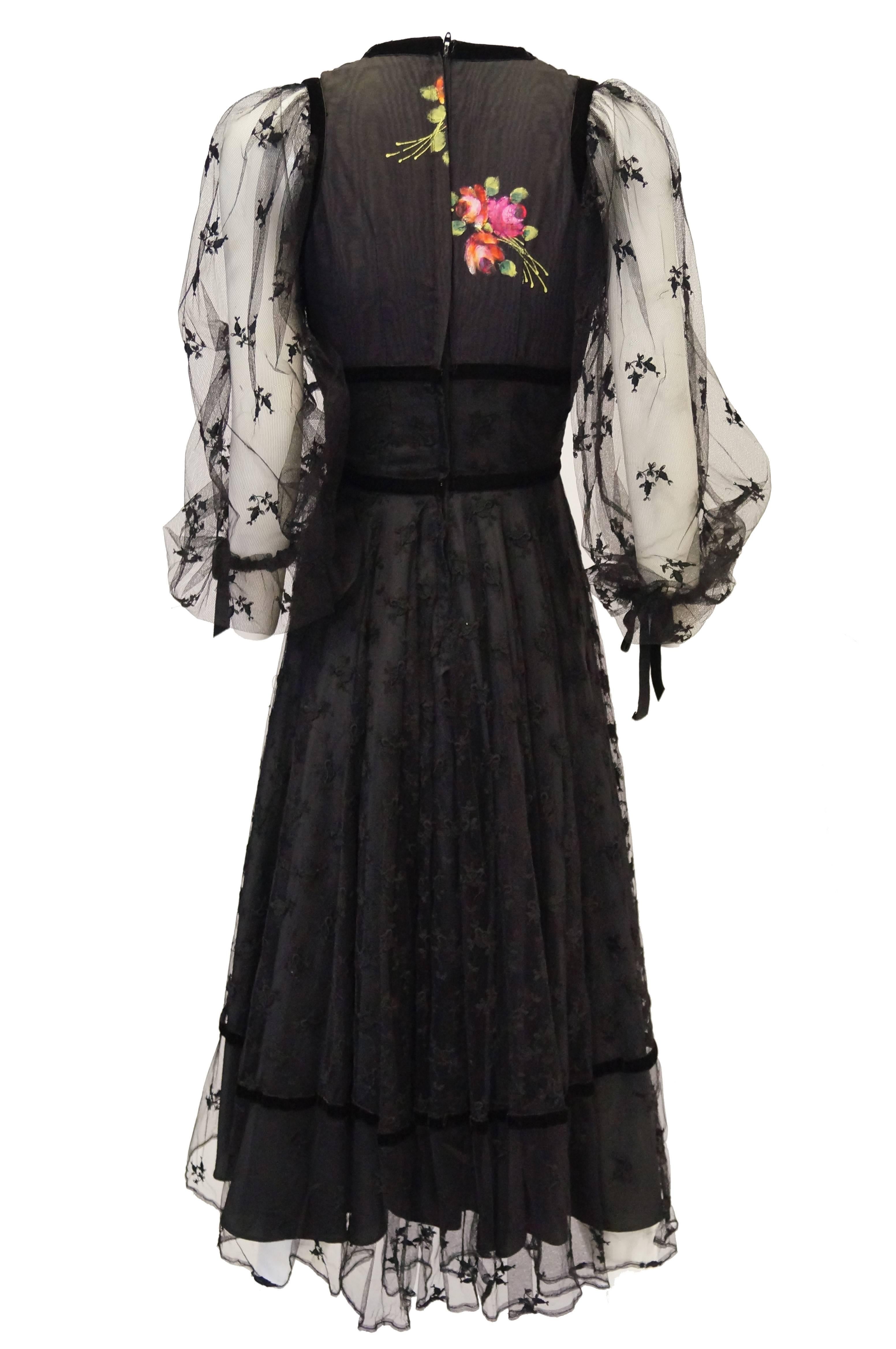 1970s Thea Porter Couture Black Lace Dress w/ Hand Painted Flowers 3