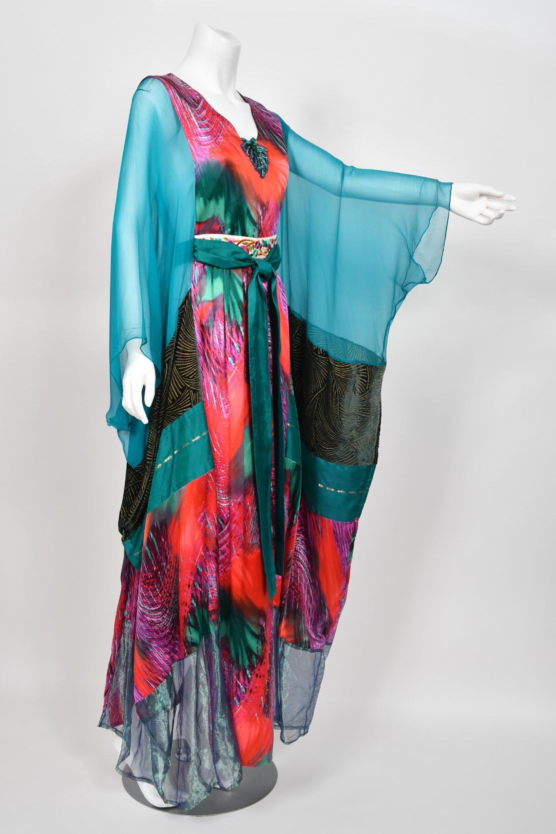 1970s Thea Porter Couture Colorful Patchwork Sheer Silk Bohemian Abaya Caftan For Sale 5