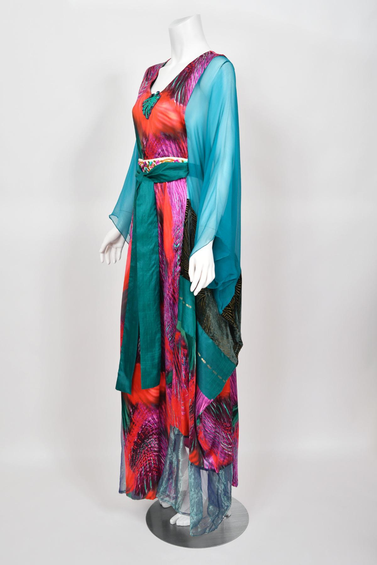 1970s Thea Porter Couture Colorful Patchwork Sheer Silk Bohemian Abaya Caftan For Sale 8