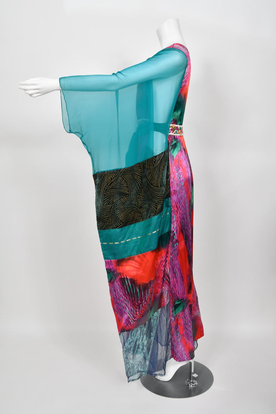 1970s Thea Porter Couture Colorful Patchwork Sheer Silk Bohemian Abaya Caftan For Sale 7