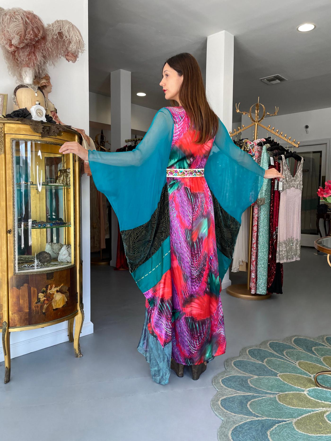 1970s Thea Porter Couture Colorful Patchwork Sheer Silk Bohemian Abaya Caftan For Sale 11