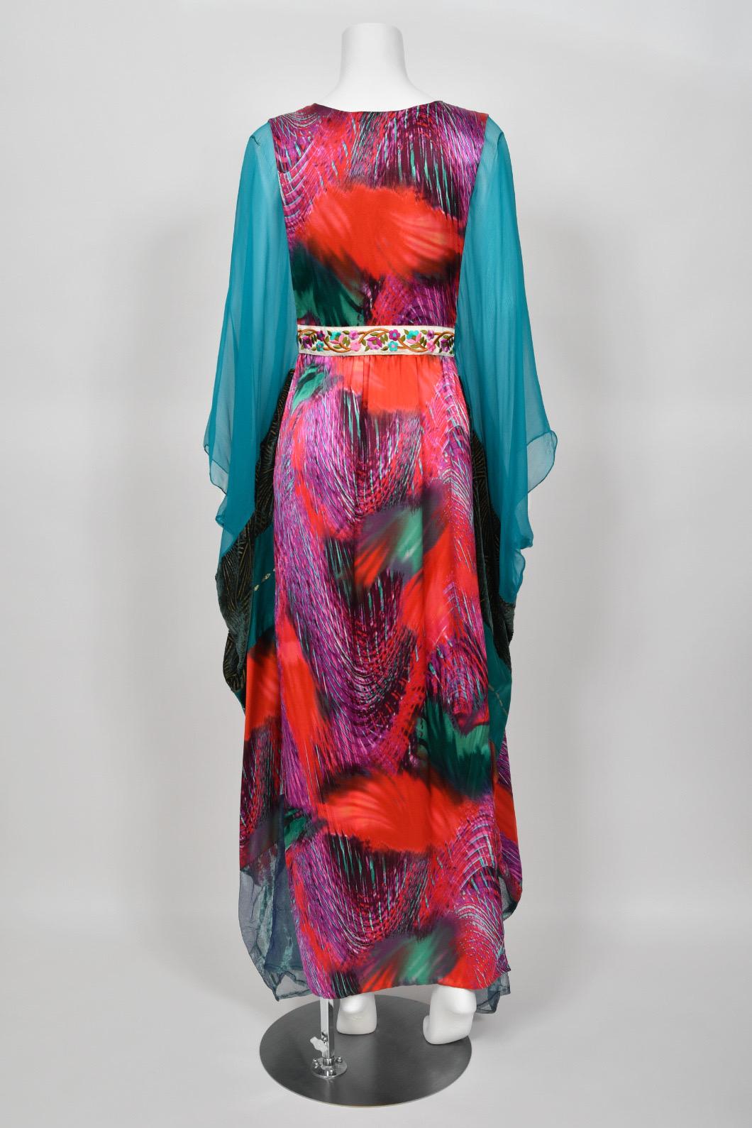 1970s Thea Porter Couture Colorful Patchwork Sheer Silk Bohemian Abaya Caftan For Sale 12