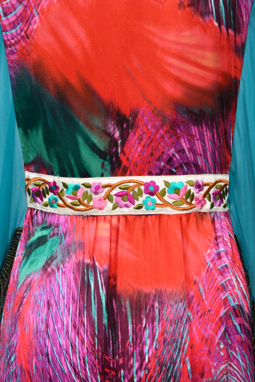 1970s Thea Porter Couture Colorful Patchwork Sheer Silk Bohemian Abaya Caftan For Sale 14