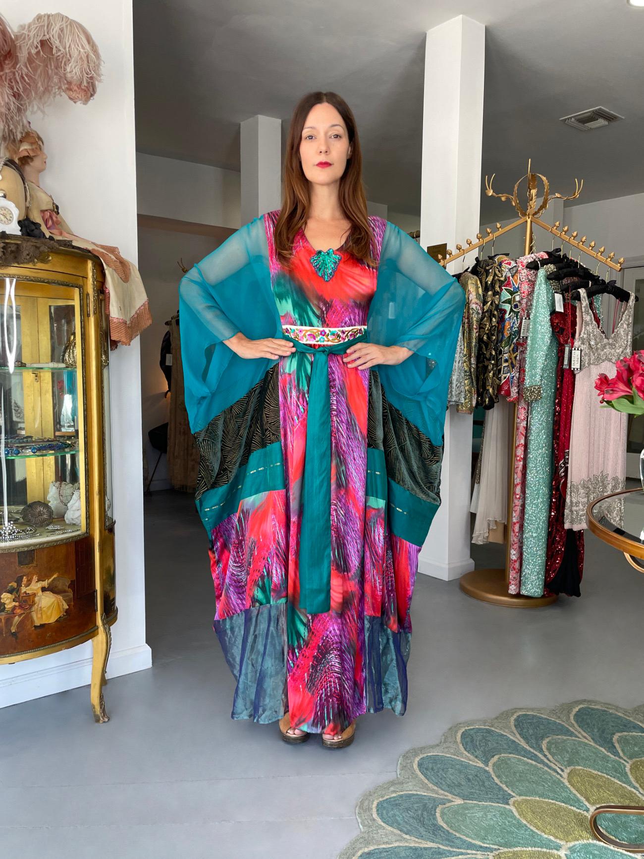 Blue 1970s Thea Porter Couture Colorful Patchwork Sheer Silk Bohemian Abaya Caftan For Sale