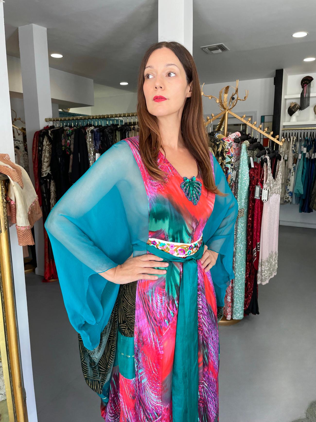 1970s Thea Porter Couture Colorful Patchwork Sheer Silk Bohemian Abaya Caftan For Sale 1