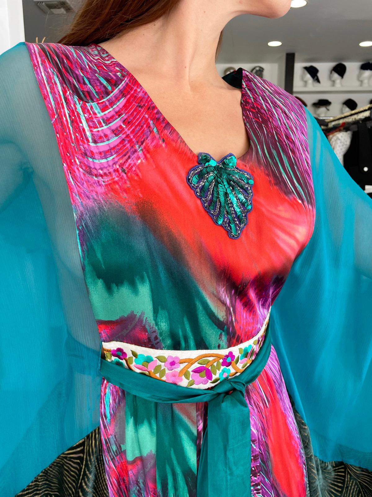 1970s Thea Porter Couture Colorful Patchwork Sheer Silk Bohemian Abaya Caftan For Sale 2