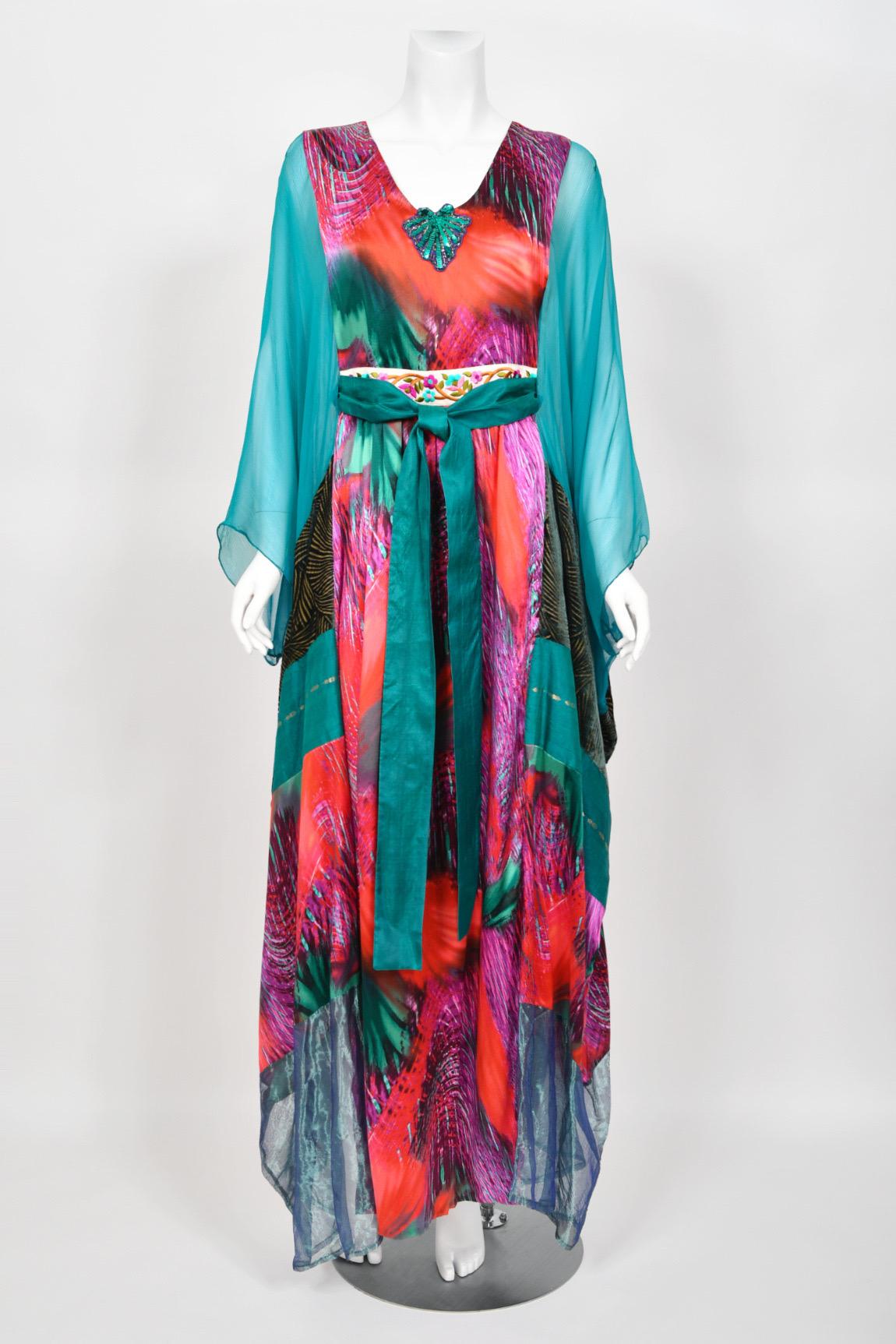 1970s Thea Porter Couture Colorful Patchwork Sheer Silk Bohemian Abaya Caftan For Sale 3