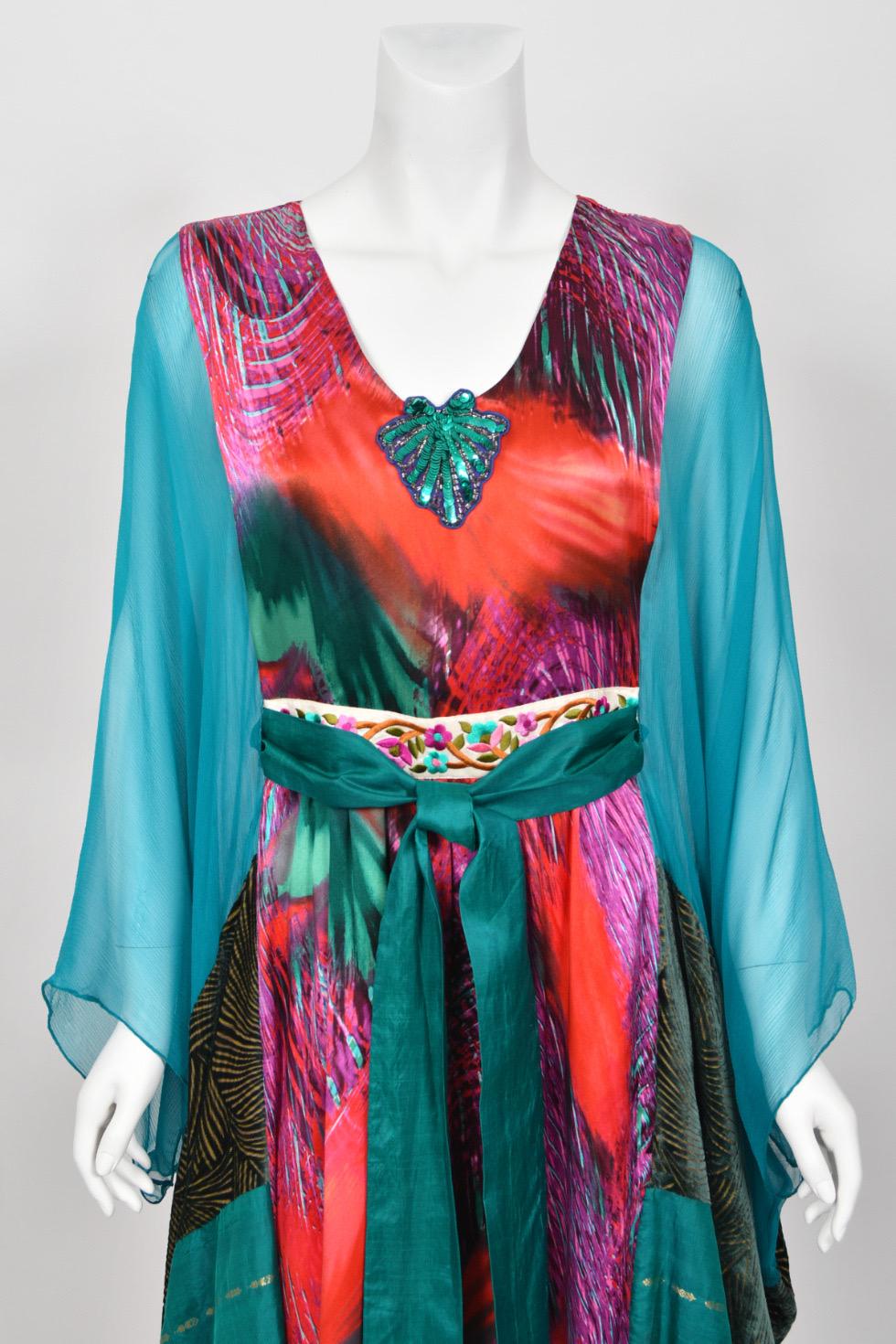1970s Thea Porter Couture Colorful Patchwork Sheer Silk Bohemian Abaya Caftan For Sale 4