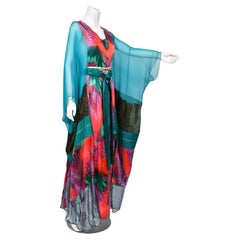 1970er Jahre Thea Porter Couture Buntes Bohemian Abaya-Kaftan aus durchsichtiger Seide mit Patchwork-Patchwork