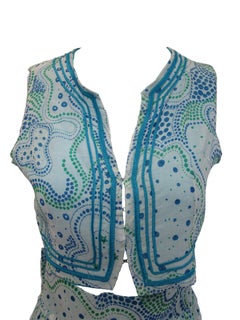 1970s Thea Porter Turquoise Cotton Abstract Print Silk Skirt and Vest
