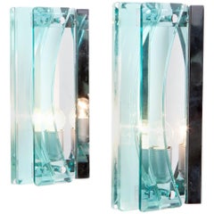 1970s Thick Glass and Chrome Sconces Attributed to Cristal Arte