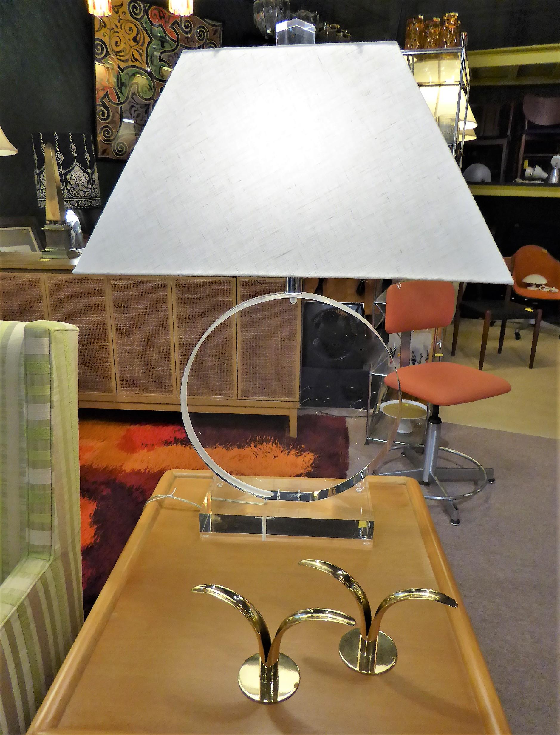 1970s Thick Lucite Disc Springer Style Modern Lamps Signed Marlee 1