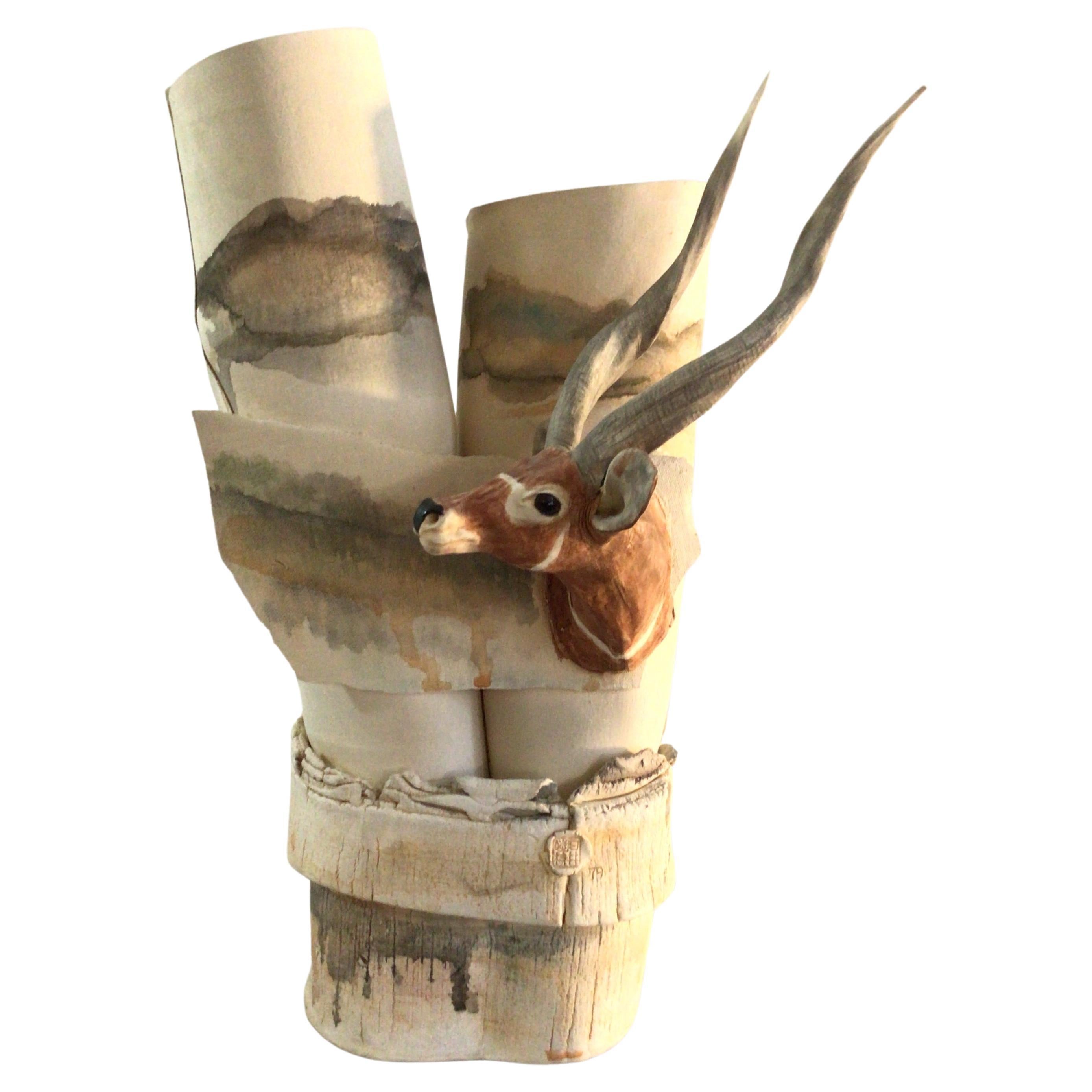 1970s Thin Wrapped Pottery Sculpture of Gazelle or Antelope 'Stamped' For Sale