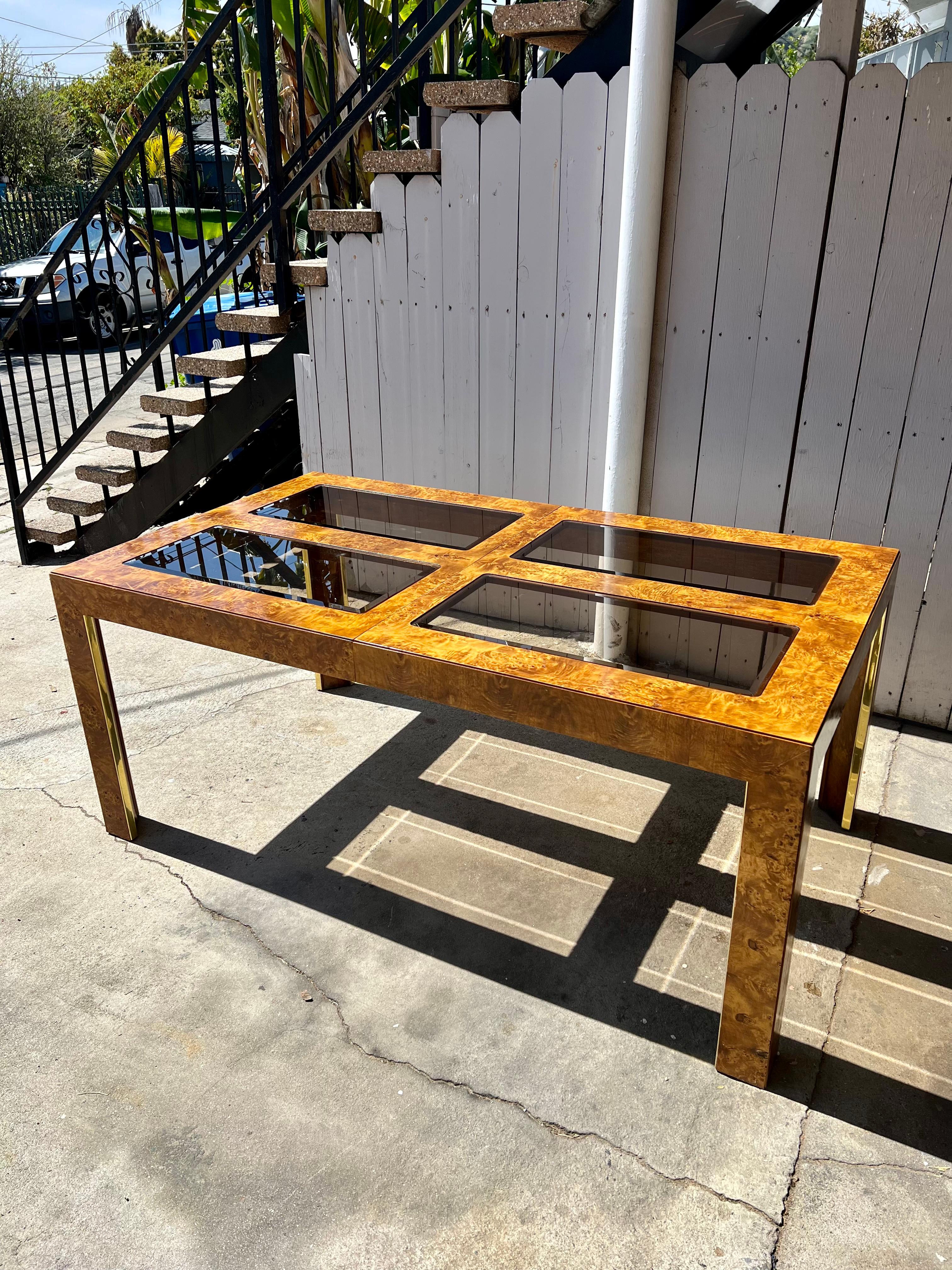 1970s Thomasville Burlwood and Smoked Glass Expandable Dining Table 10