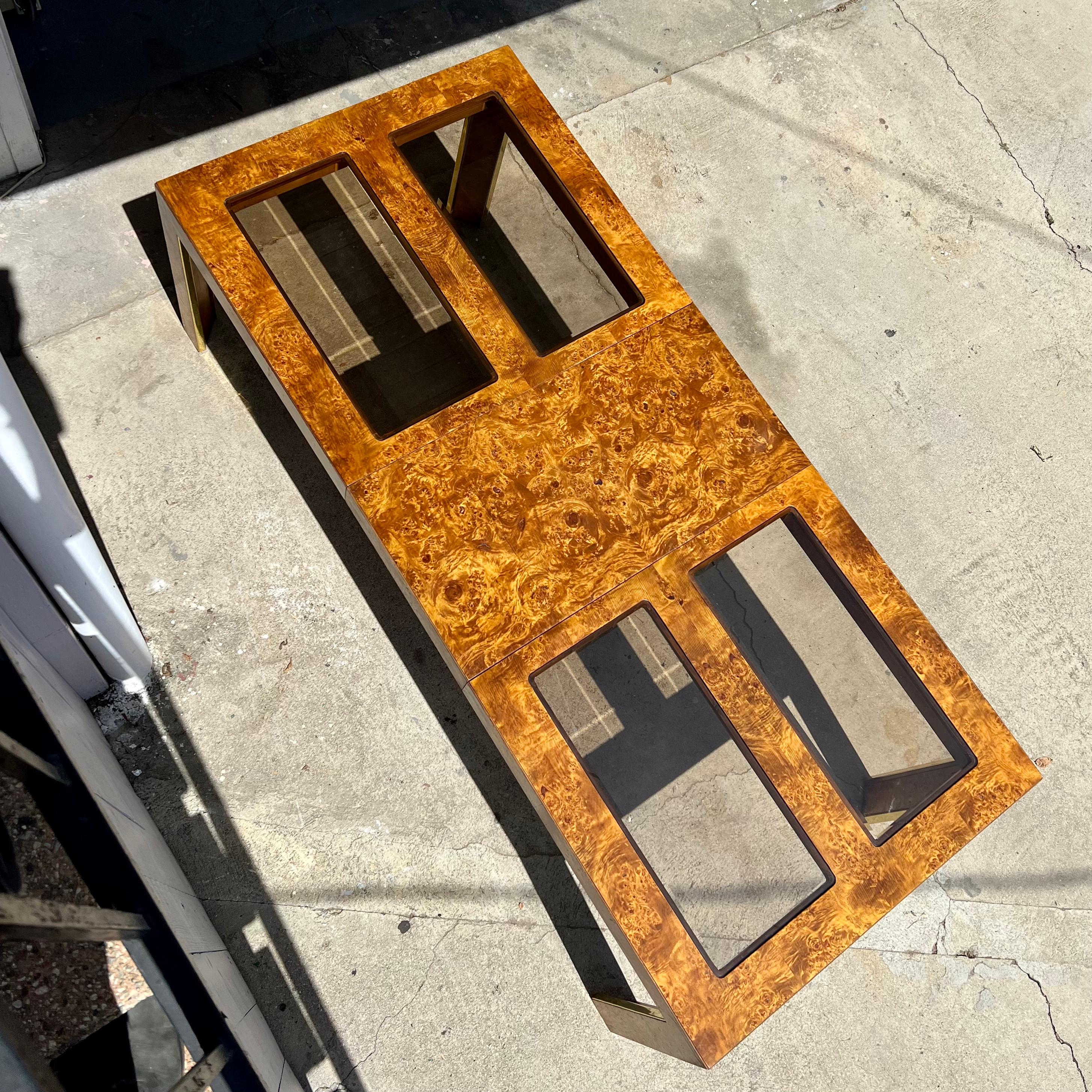 Mid-Century Modern 1970s Thomasville Burlwood and Smoked Glass Expandable Dining Table