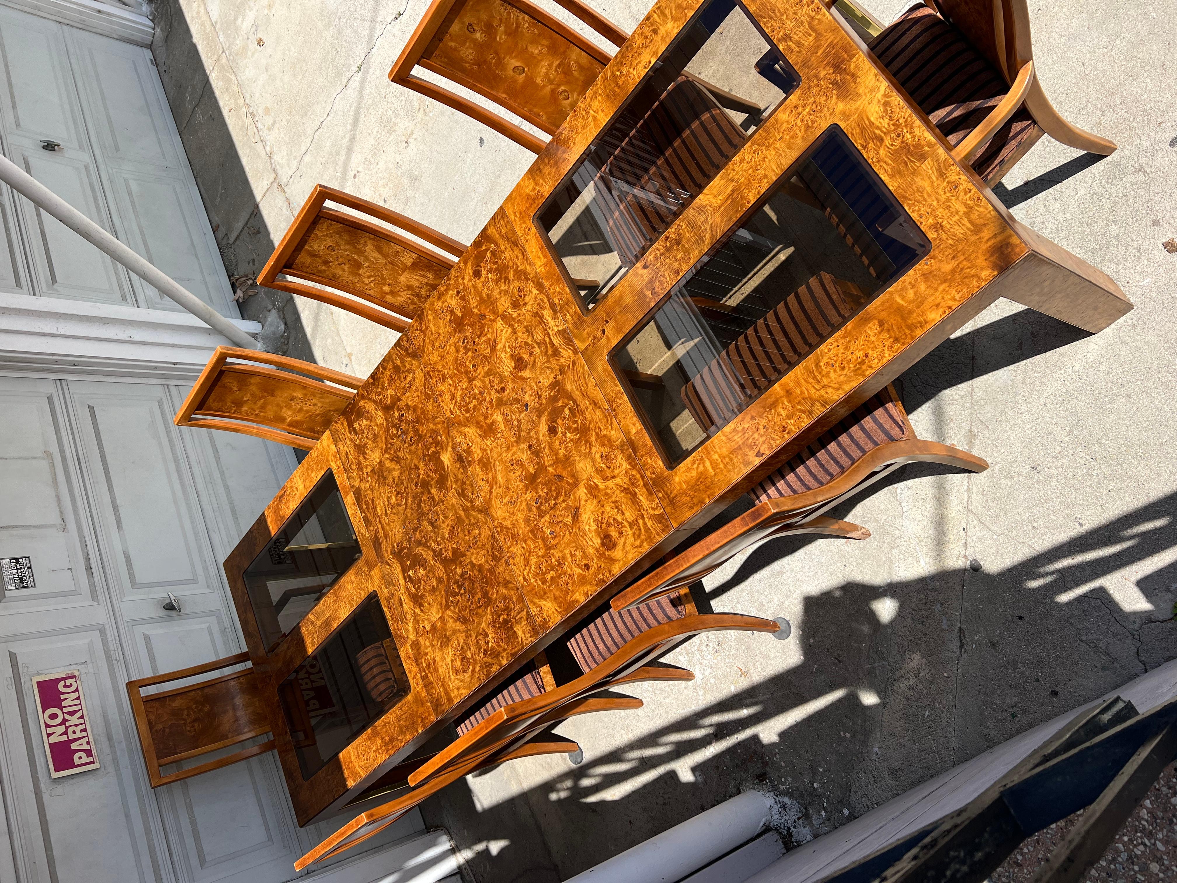 1970s Thomasville Burlwood and Smoked Glass Expandable Dining Table 1