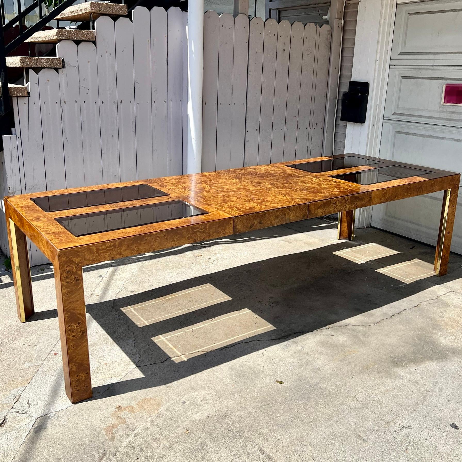 1970s Thomasville Burlwood and Smoked Glass Expandable Dining Table 2