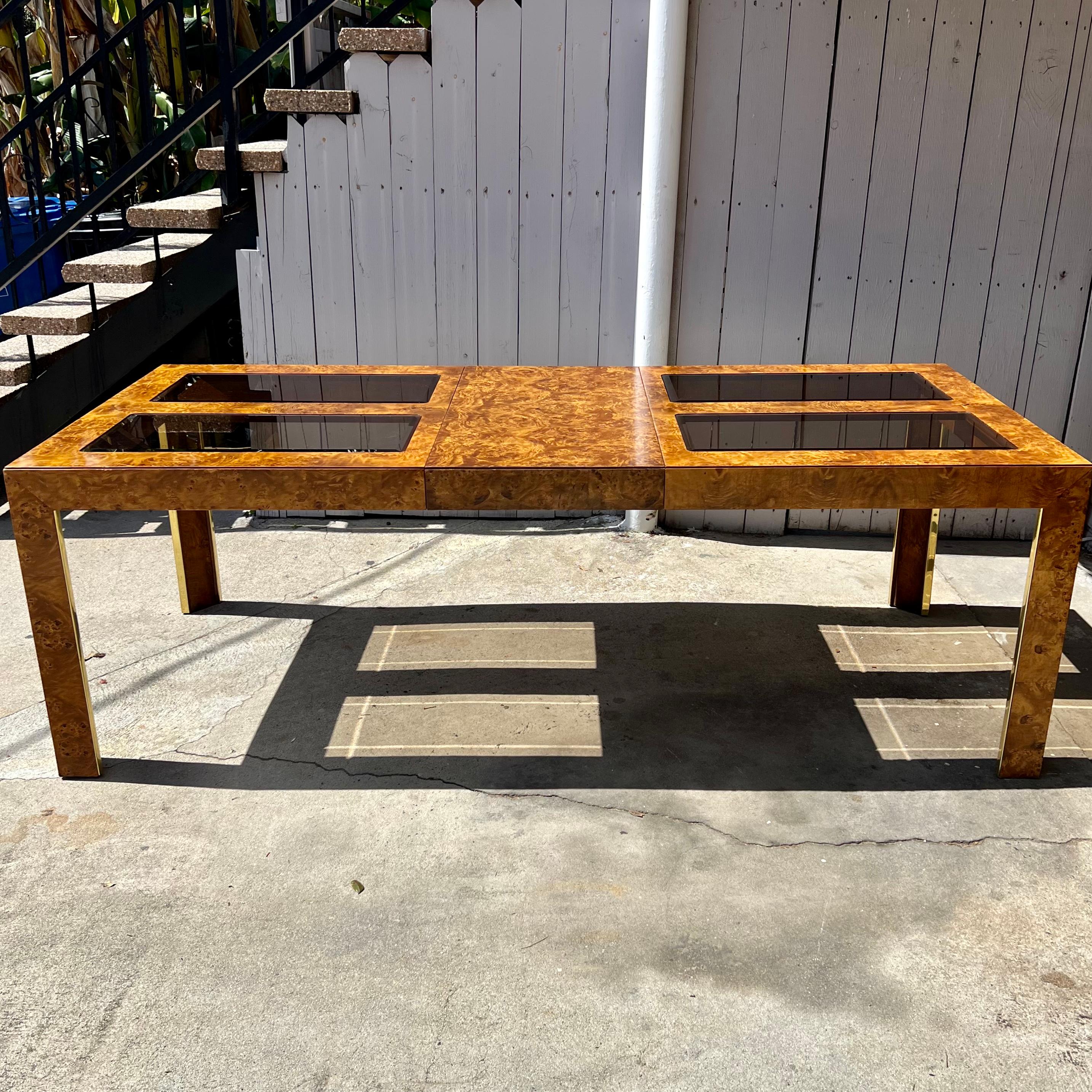 1970s Thomasville Burlwood and Smoked Glass Expandable Dining Table 3