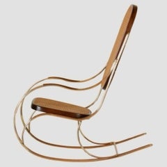 1970s Thonet-Style Rocking Chair, Brass & Wicker, Mid-Century Modern