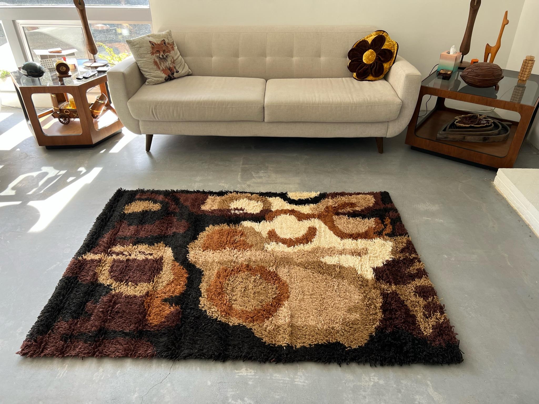 Austriaco Tappeto THOR astratto anni '70 A Space AGE INUTILIZZATO Mid Century Modern Rya Marrone Beige in vendita