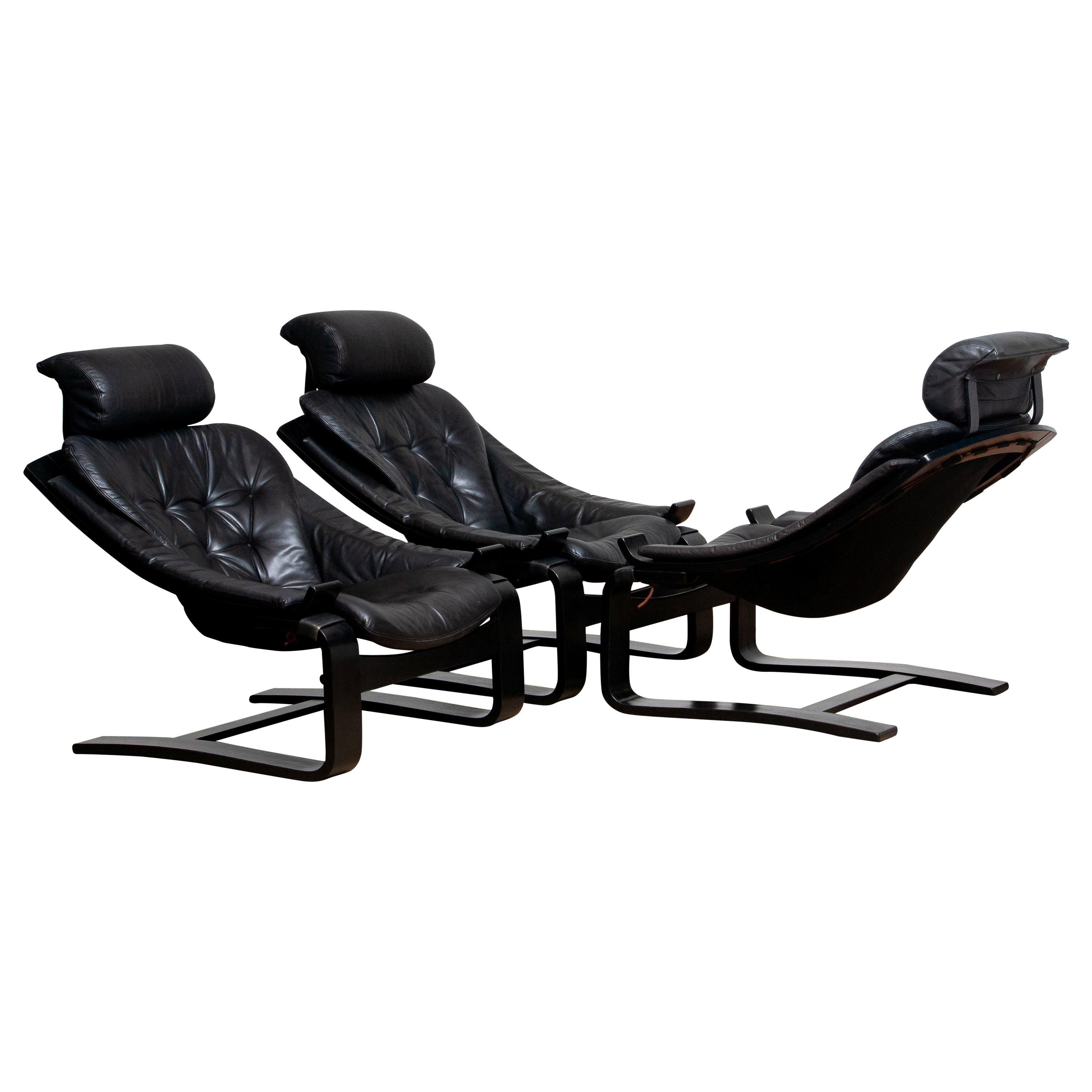 1970s, Three Kroken Lounge Chairs by Age Fribytter for Nelo Sweden in Leather