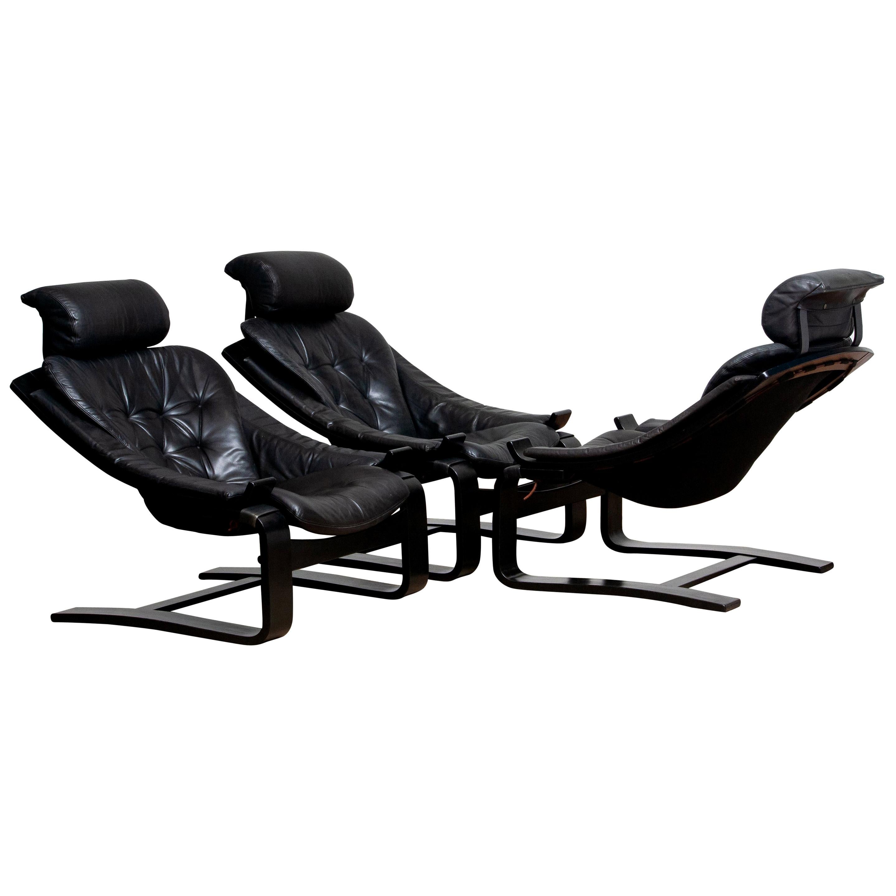 Trois chaises longues Kroken en cuir par Age Fribytter pour Nelo Suède, années 1970