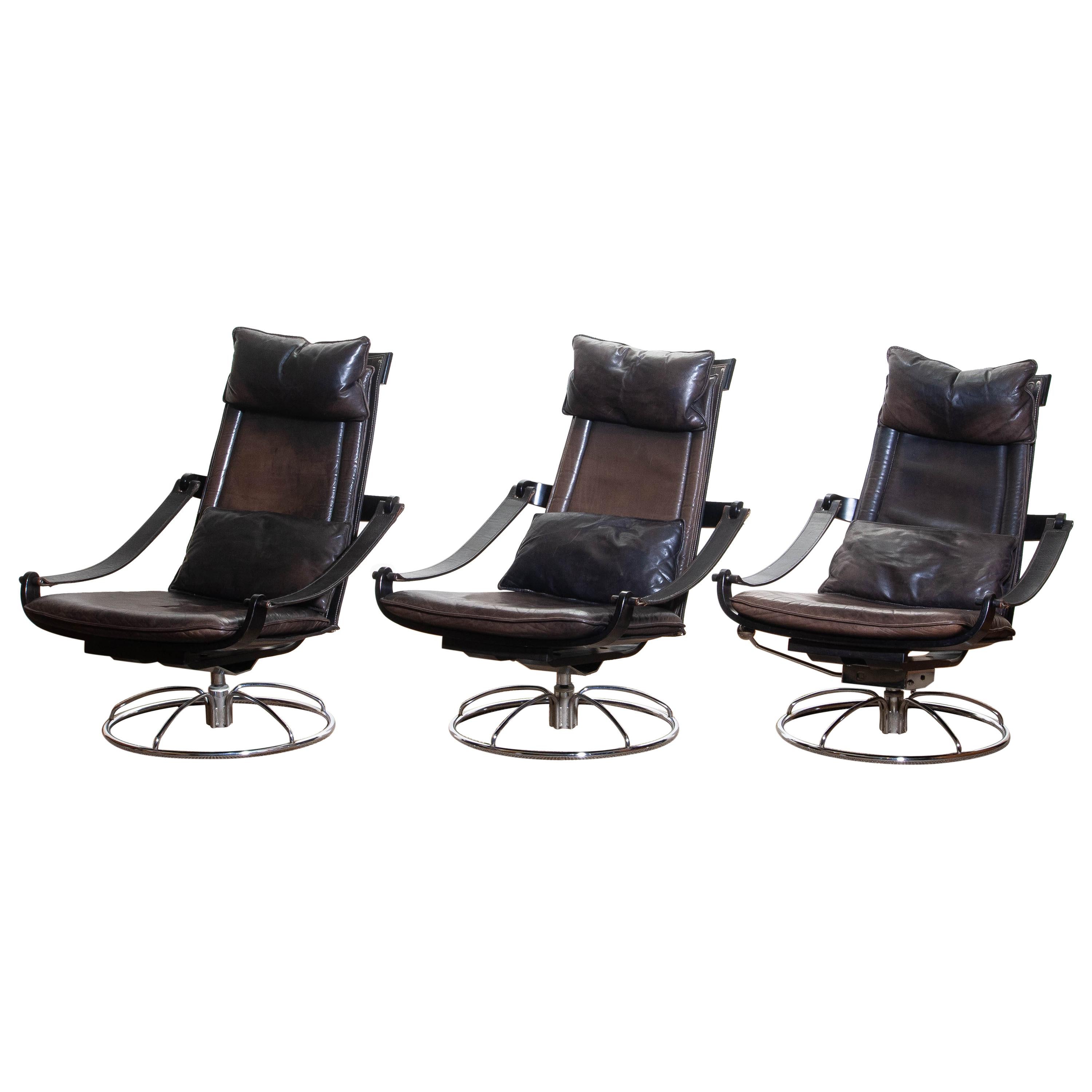 Scandinavian Modern 1970s, Three Leather Swivel / Relax Chairs by Ake Fribytter for Nelo, Sweden