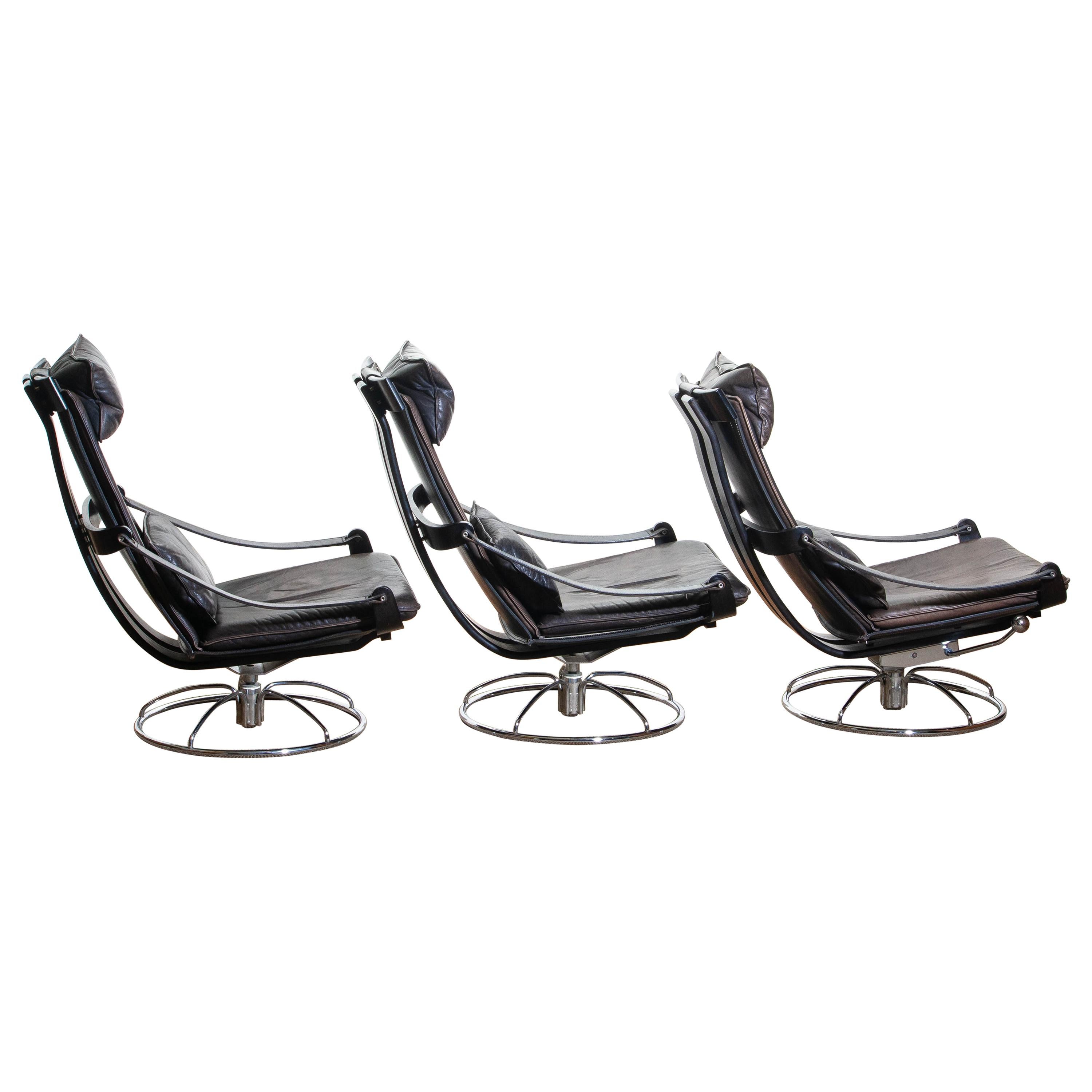 Scandinavian Modern 1970s, Three Leather Swivel / Relax Chairs by Ake Fribytter for Nelo, Sweden