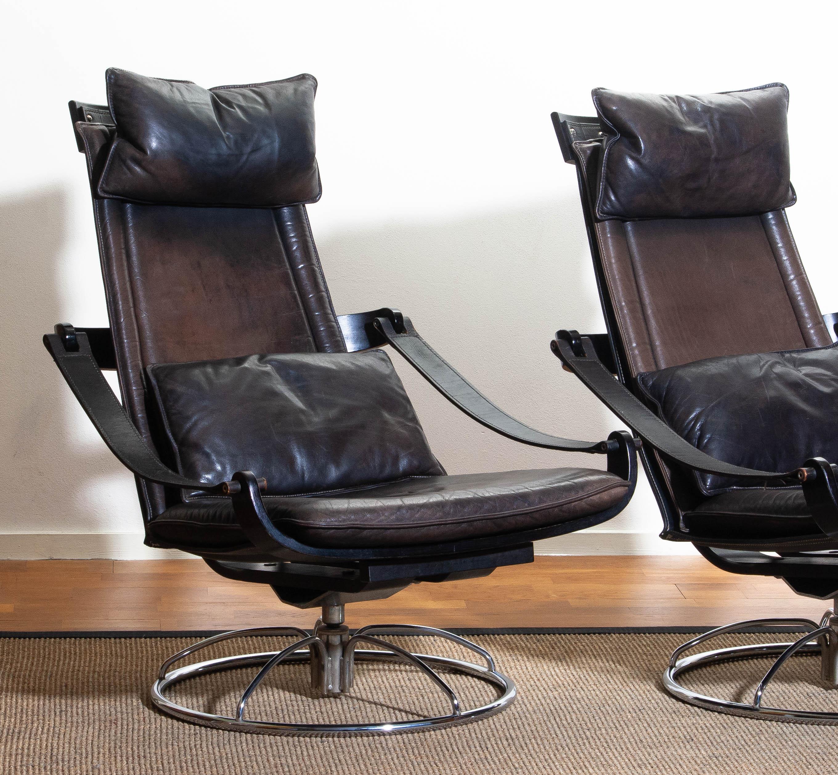 Swedish 1970s, Three Leather Swivel / Relax Chairs By Ake Fribytter For Nelo, Sweden