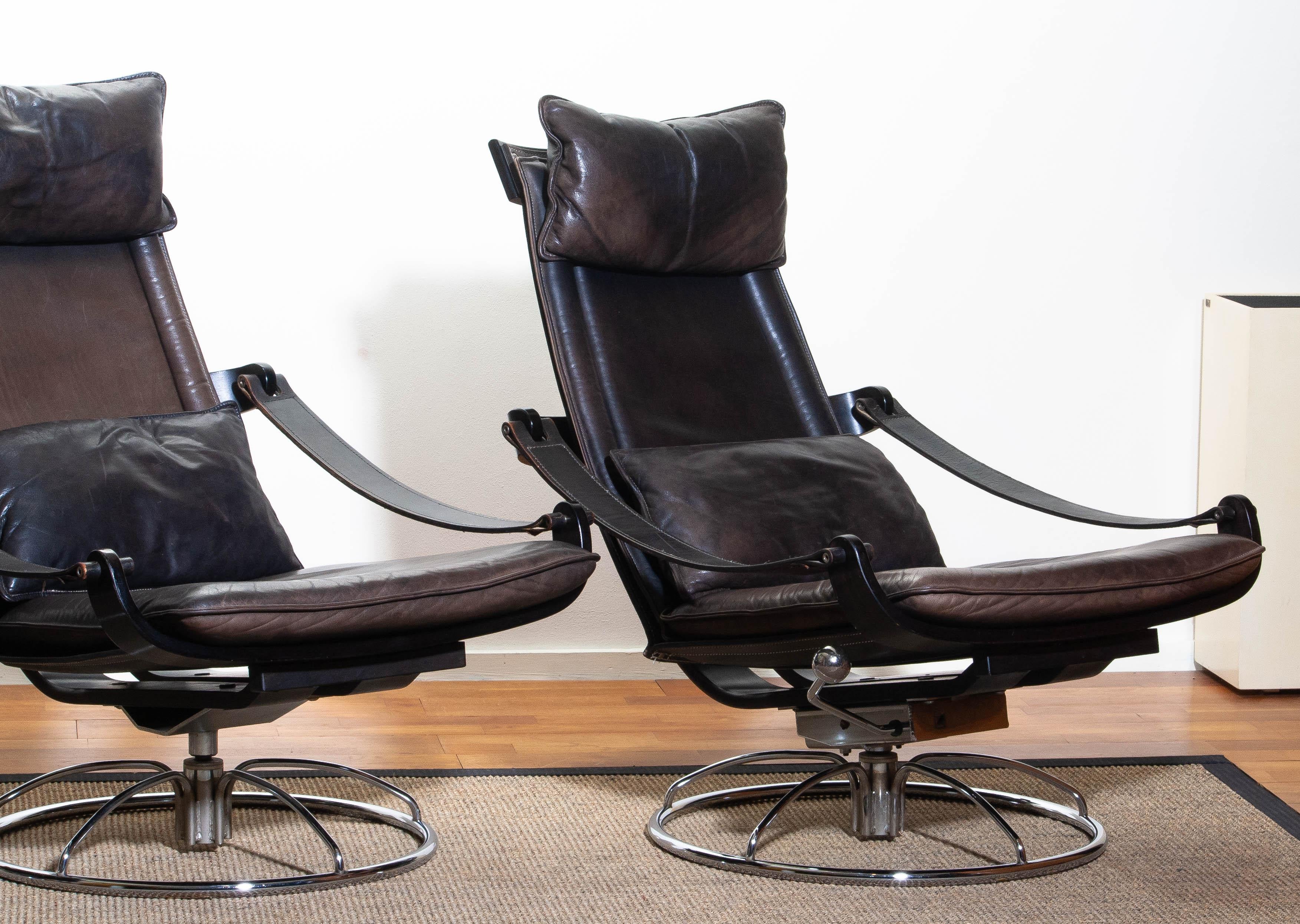 Late 20th Century 1970s, Three Leather Swivel / Relax Chairs By Ake Fribytter For Nelo, Sweden
