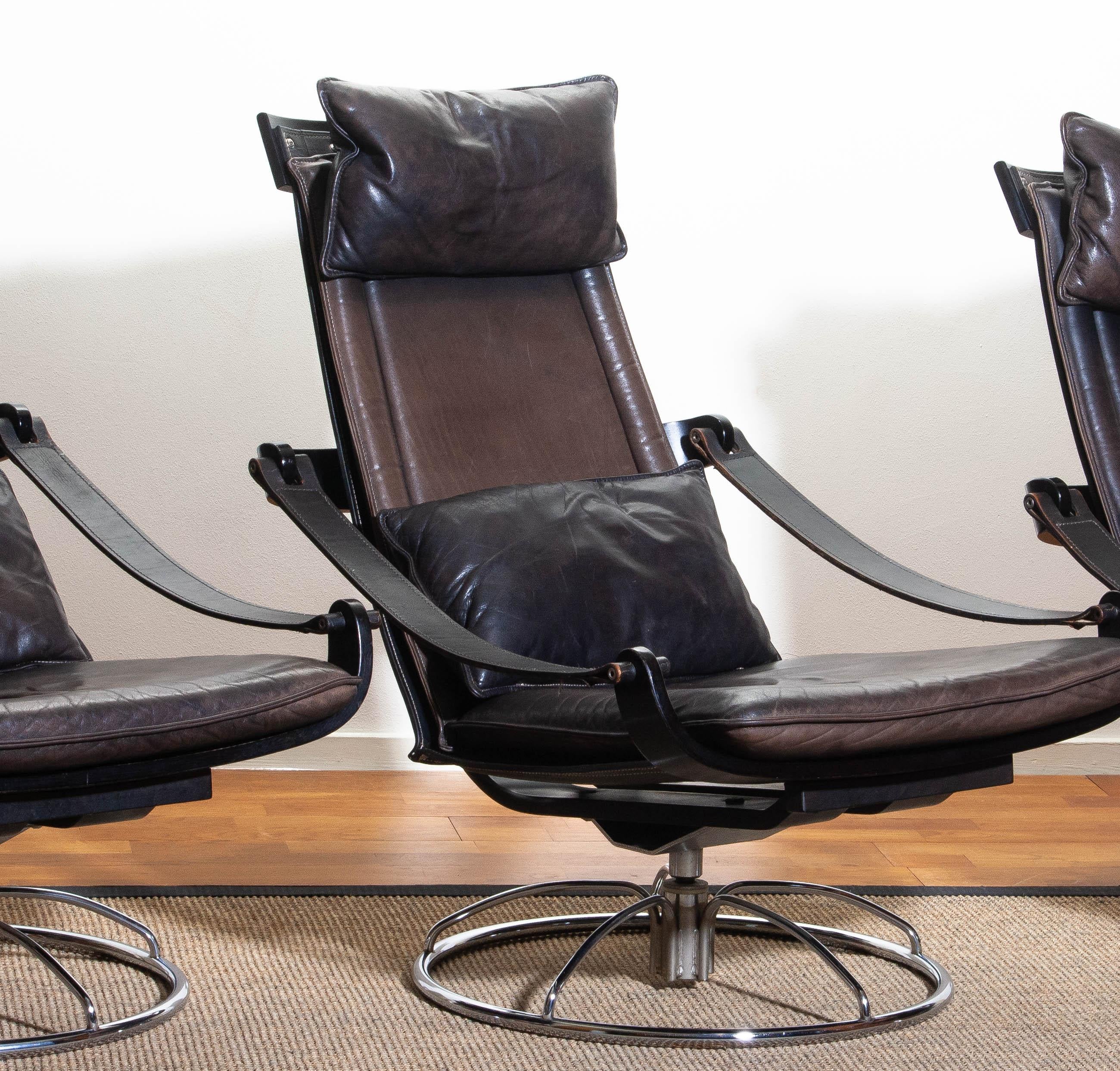 1970s, Three Leather Swivel / Relax Chairs by Ake Fribytter for Nelo, Sweden 1